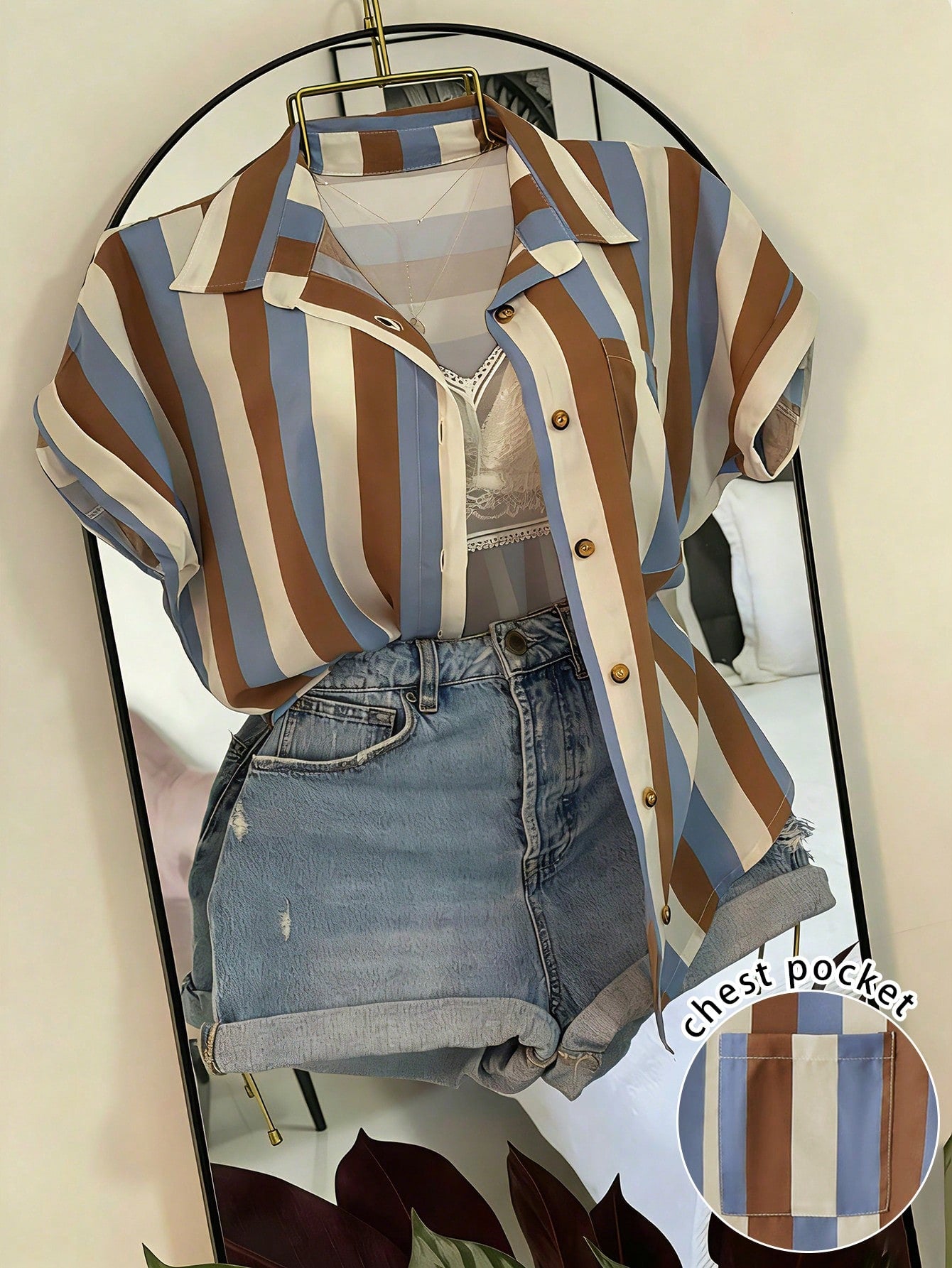 Franclia Striped Pocket Casual Vacation Front Button Short Sleeve Shirt
