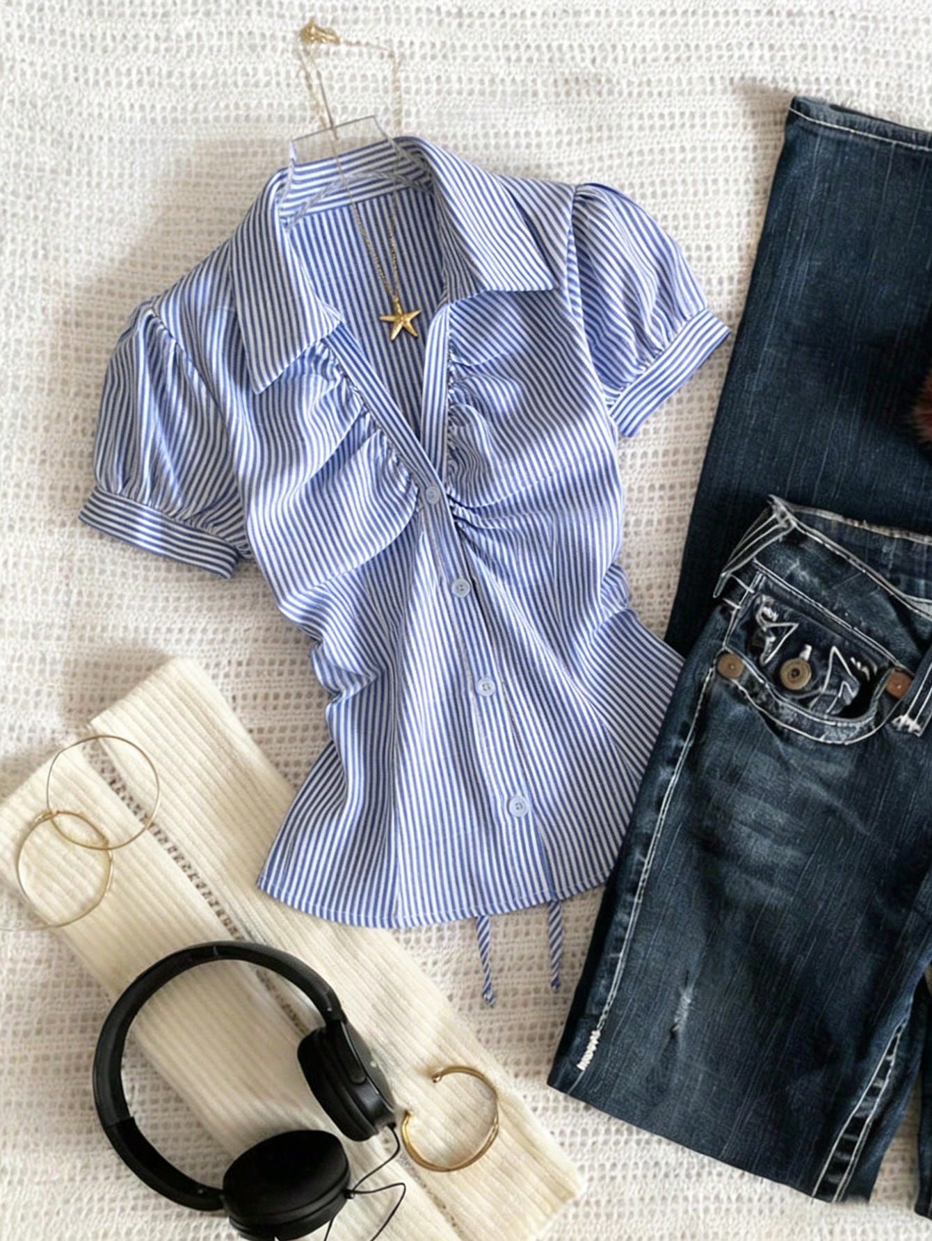 Franclia Women Blue White Stripe Button Ruched V-Collar Shirt, Summer Effortless Chic Blouse, Back-To-School, Spring Casual