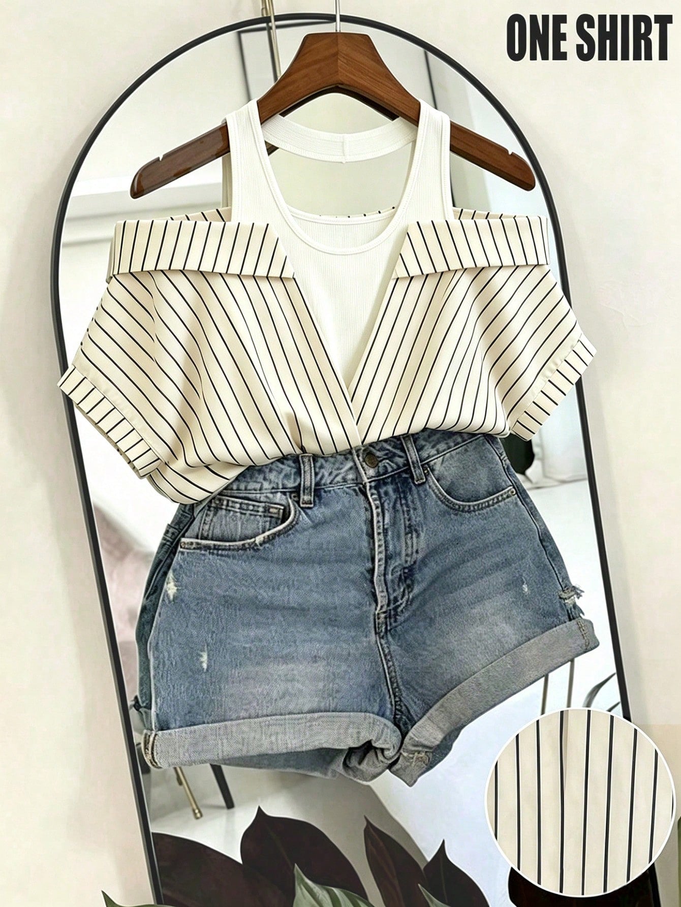 Franclia Women's Black And White Striped Ribbed 2 In 1 Short-Sleeved Shirt,Summer Casual Brunch Halter Neck Off-Shoulder Top,Elegant Office Work Wear