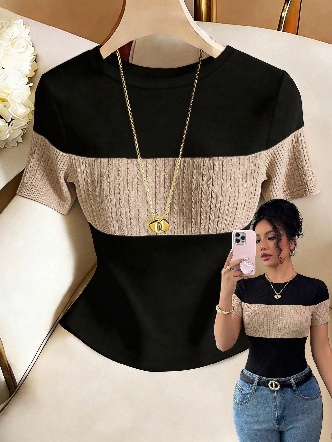 Franclia Women's Contrast Color Elegant Round Neck Short Sleeve Casual Knit T-Shirt, Ladies' Outdoor Top, Ladies' Commuting, Office Casual Top, Black Top, Ladies' Elegant Top, Summer Top