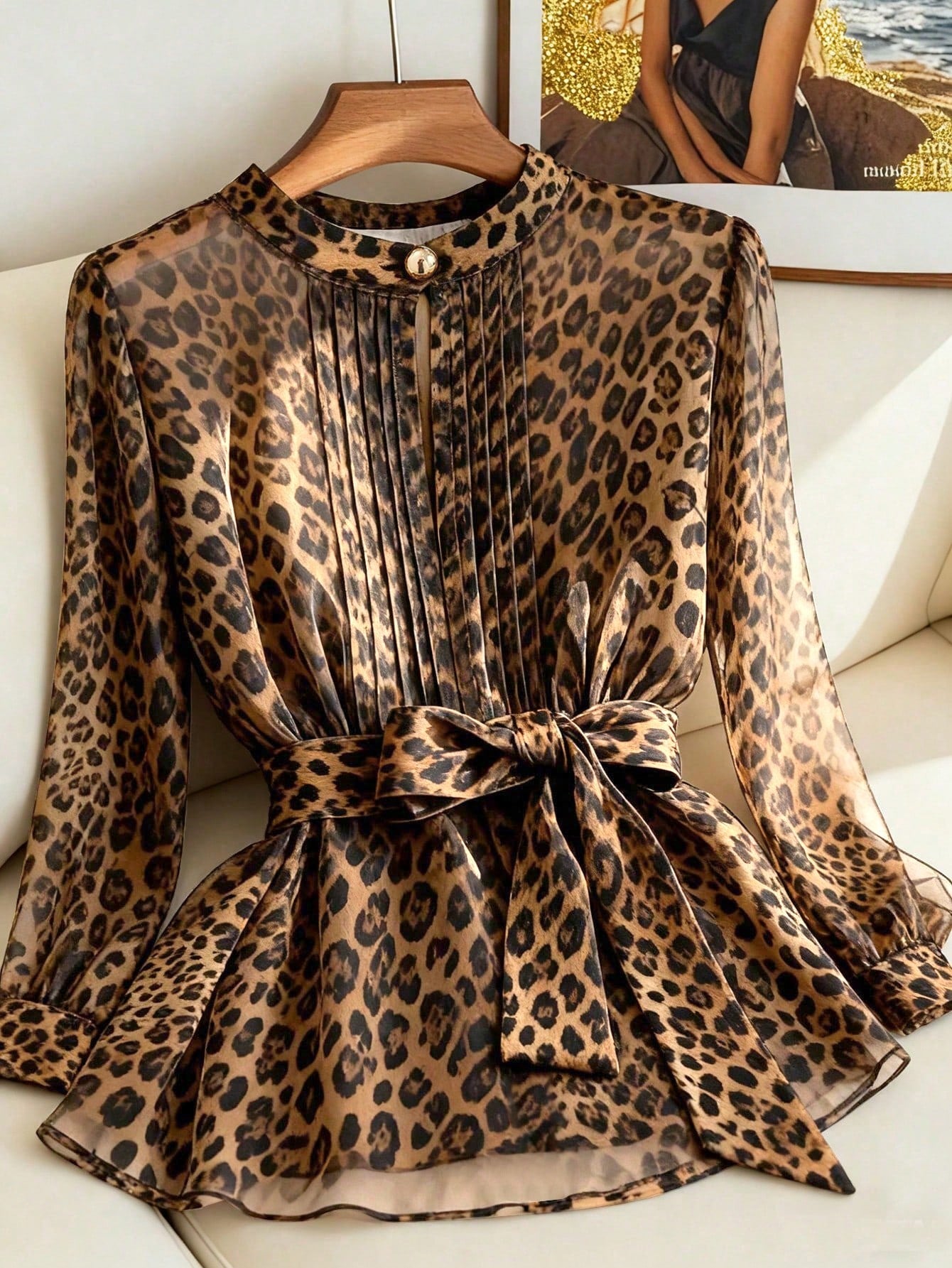 Franclia Women's Pleated Round Neck Button Bow Tie Dark Brown Print Blouse,Sheer Long Sleeve Top, Checked,Summer,Elegant,Work Office Elegant Classy Zoo Outfits