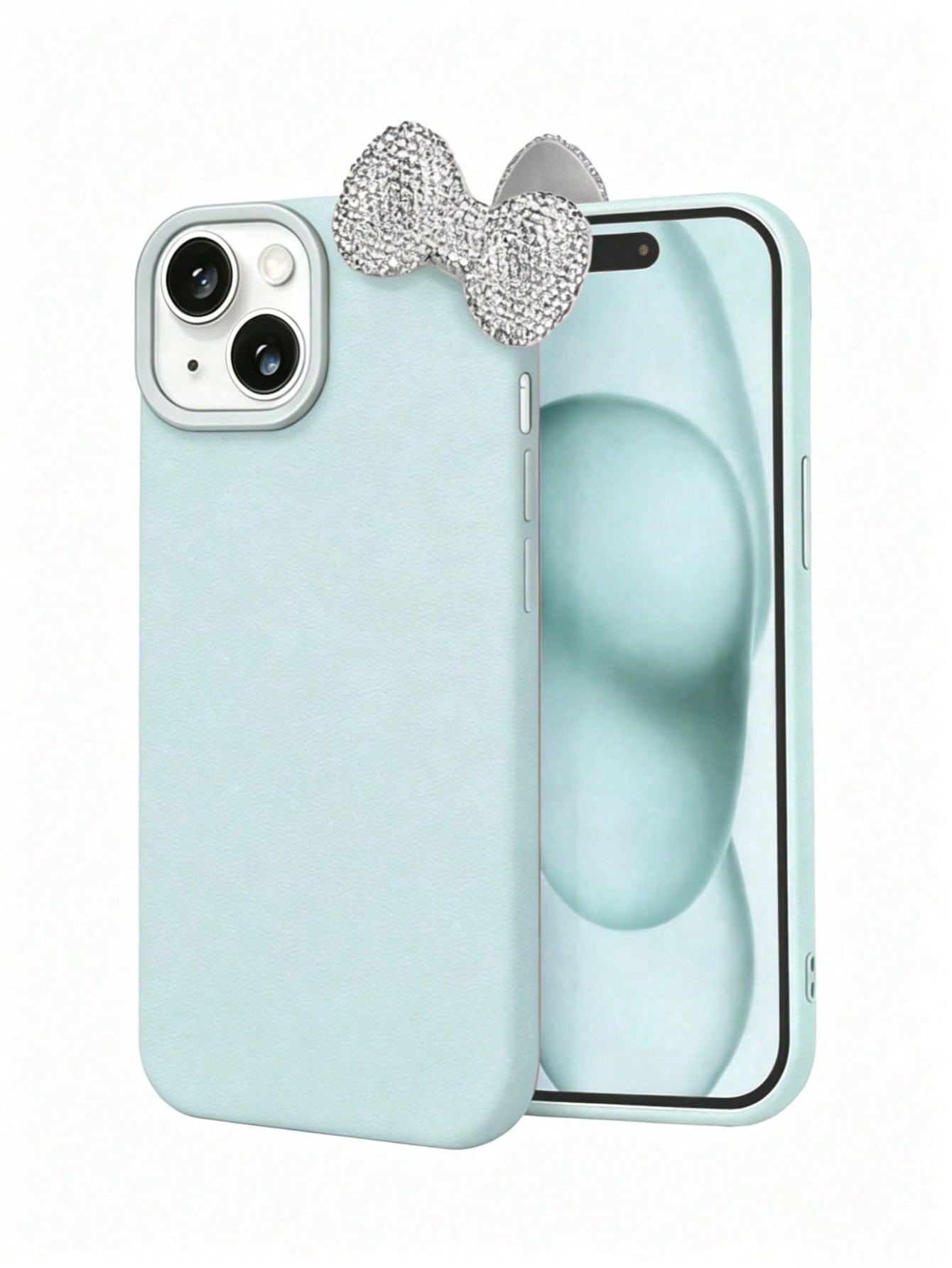 Fresh Light Mint Green Leather Phone Case 2-Piece Set (Case + Rhinestone Bow)| Gentle Light Blue Full Rhinestone Detachable Bow Luxury Leather Texture Phone Case, Compatible With Apple 17/17 Pro/17 P