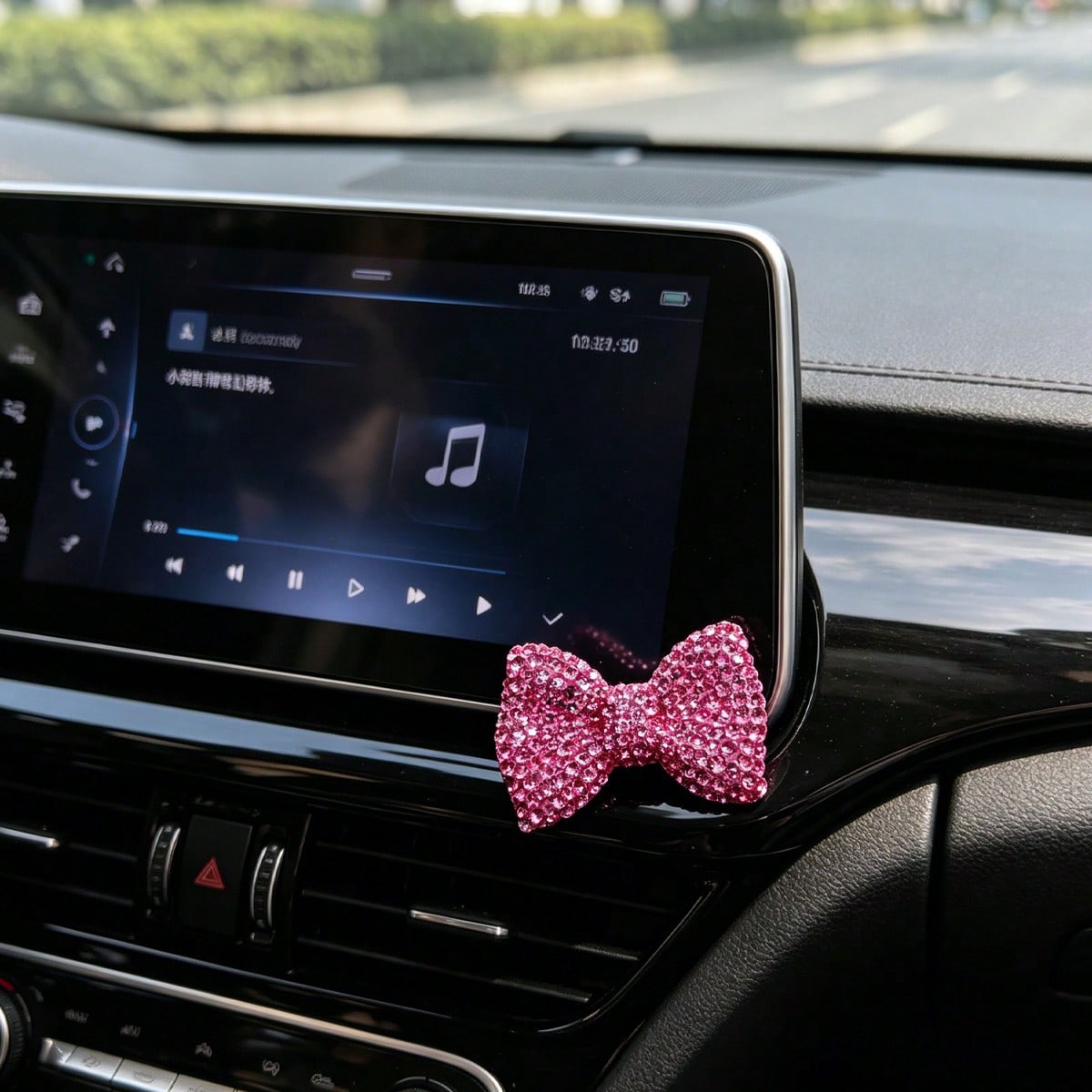Fully Rhinestoned Pink Bow Car Decor Sticker, Shiny Crystal Girly Chic Small Accessory For Navigation Screen & Center Console