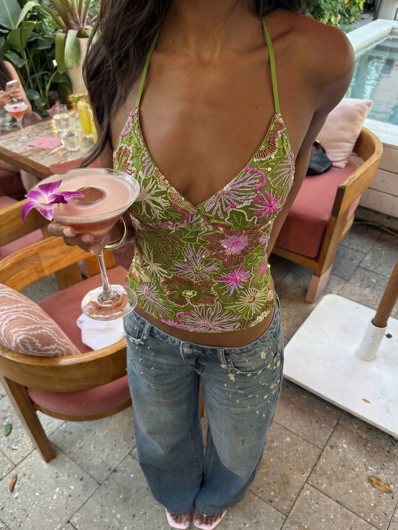 Glamine Women's Green Beaded Embroidery Halter Top, Green Floral Crisscross Backless Camisole,Boho Fairycore Deep V-Neck Summer Holiday Vacation Holiday