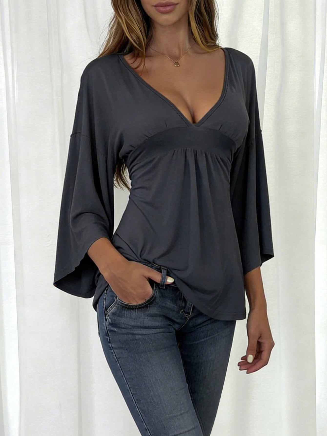 INAWLY Solva Women's Casual Sexy Minimalist Solid Color Deep V-Neck Flare Sleeve Fitted Top, Spring/Autumn