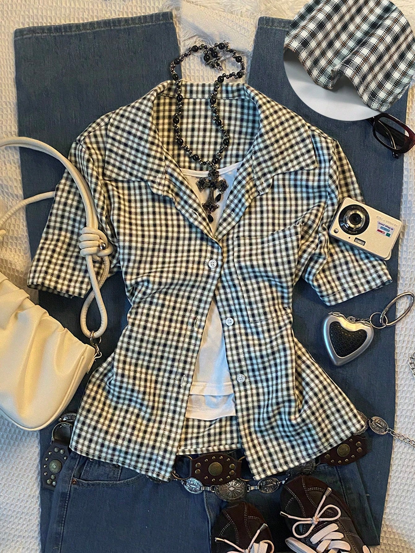 INAWLY Women's Casual Black And White Plaid Summer Blouse,Polo Collar Design,90s Retro School Back-To-School Season Short-Sleeved Comfortable Top Gift