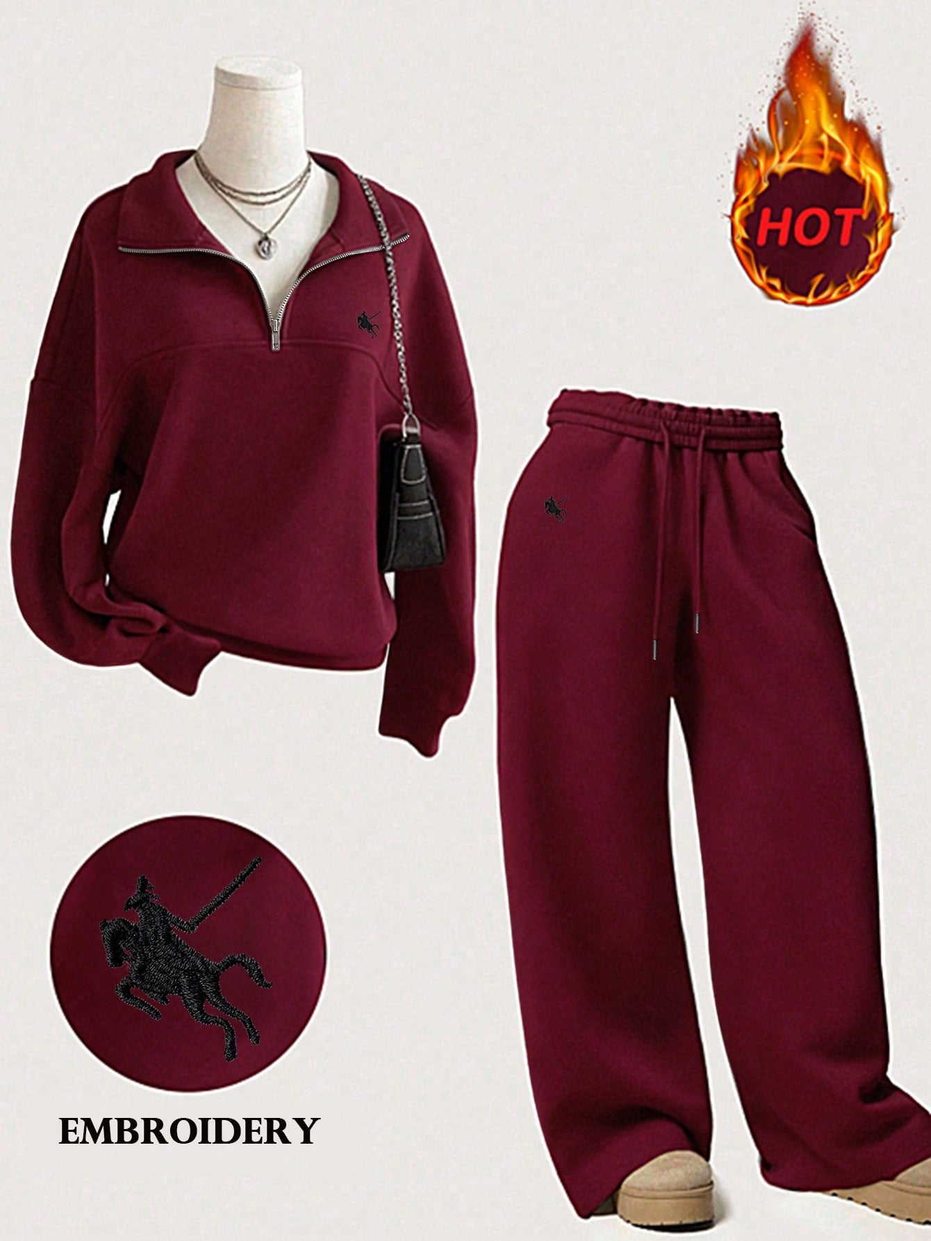 INAWLY Women's Knight Embroidery Zip-Up Casual Hoodie And Loose Pants Set