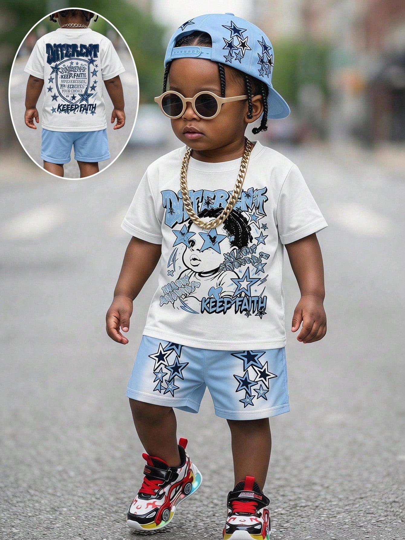 Infant & Toddler Boy Summer Short Sleeve & Shorts Set, American Street Style Star Graffiti Design, Casual Versatile 2-Piece Set, Suitable For Daily Wear, Outings, Kindergarten, Creating A Street Style