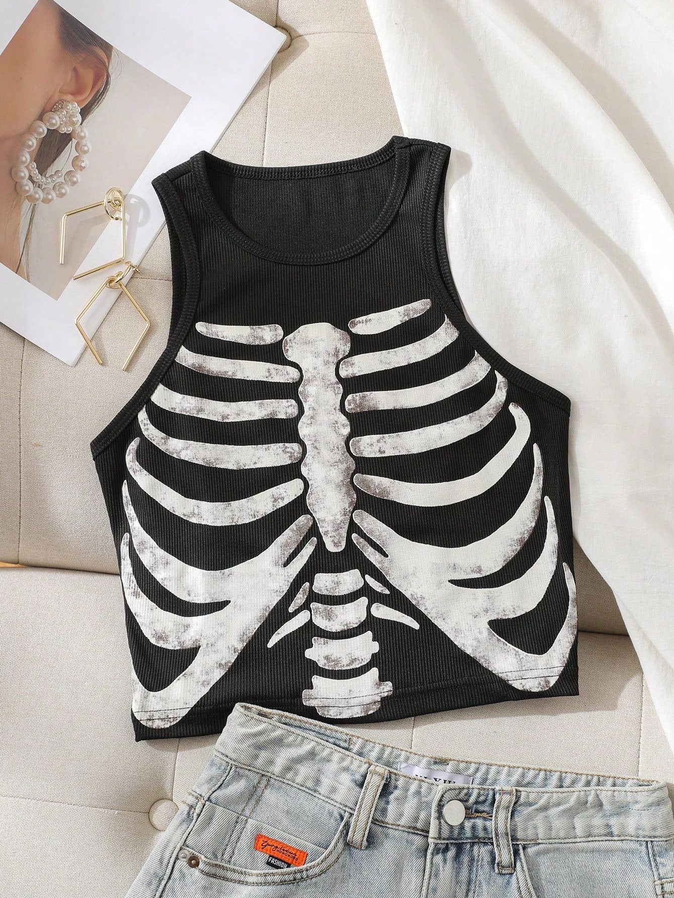 IslaSuriya Skeleton Print Tank Top Graphic Tees Women Tops