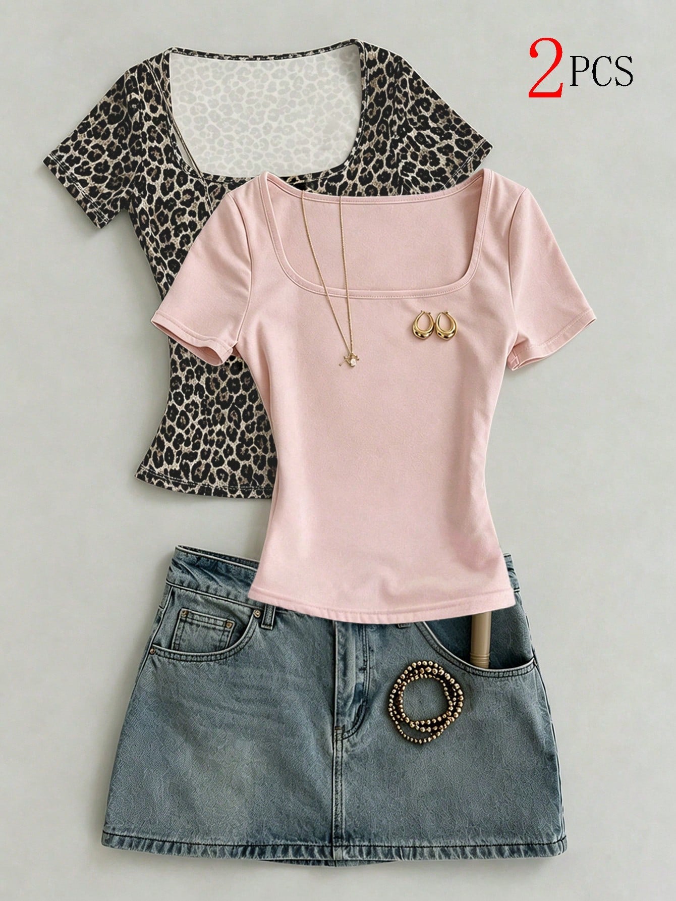 IslaSuriya Two Pieces Pink Square Neck Leopard Print Slim T-Shirt, Fashionable Square Neck Slim Short-Sleeve T-Shirt, T-Shirt, Fashionable T-Shirt, Ideal Gift For Siblings, Perfect Gift For Sisters, M
