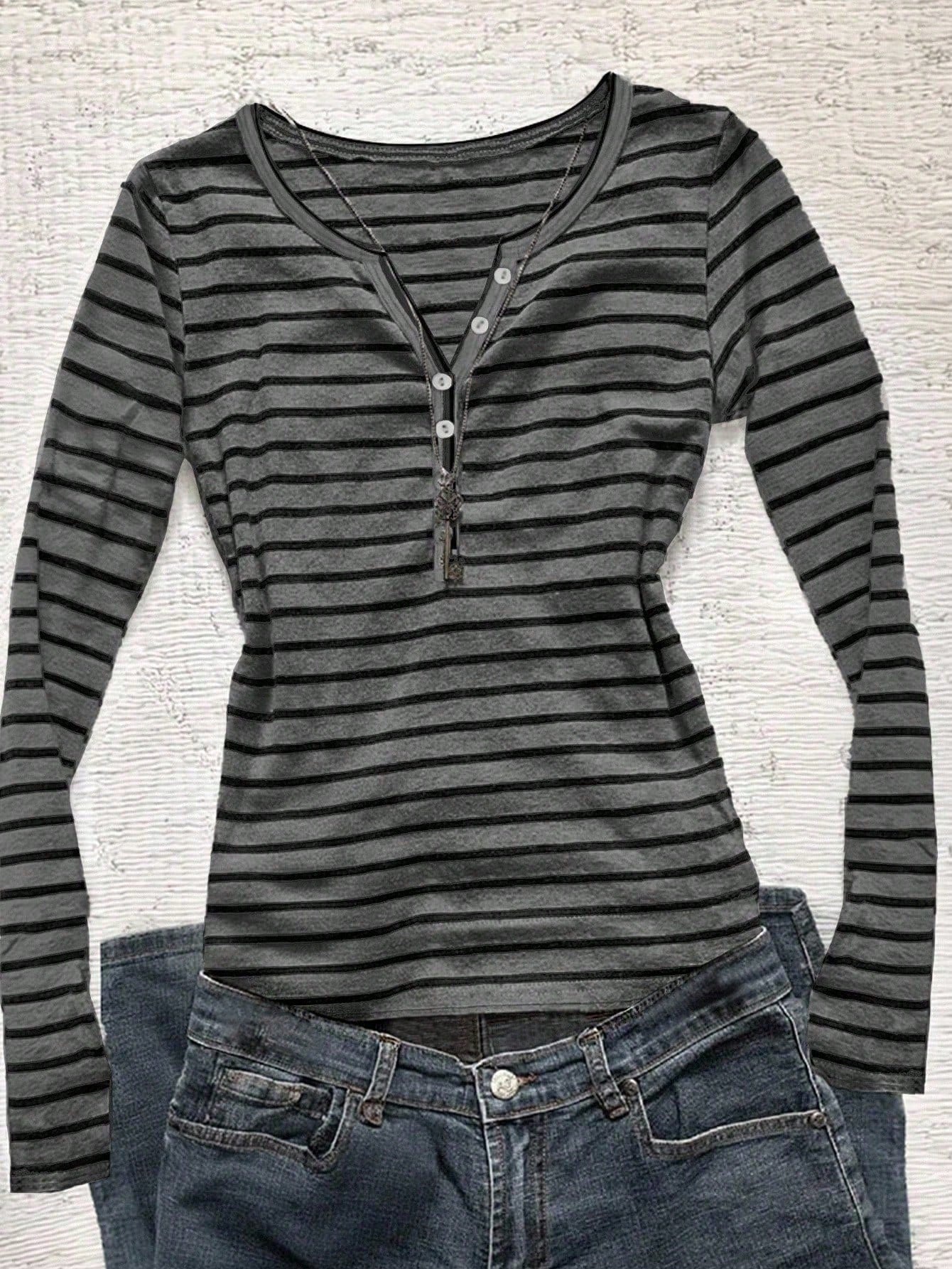 IslaSuriya Women's Casual Button Half-Placket Striped Long Sleeve T-Shirt