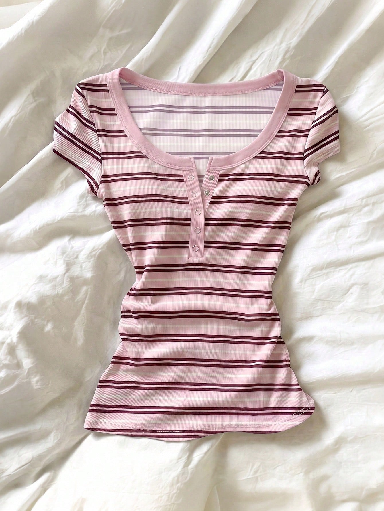 IslaSuriya Women's Casual Striped Quarter Button Fitted Short Sleeve T-Shirt, Summer