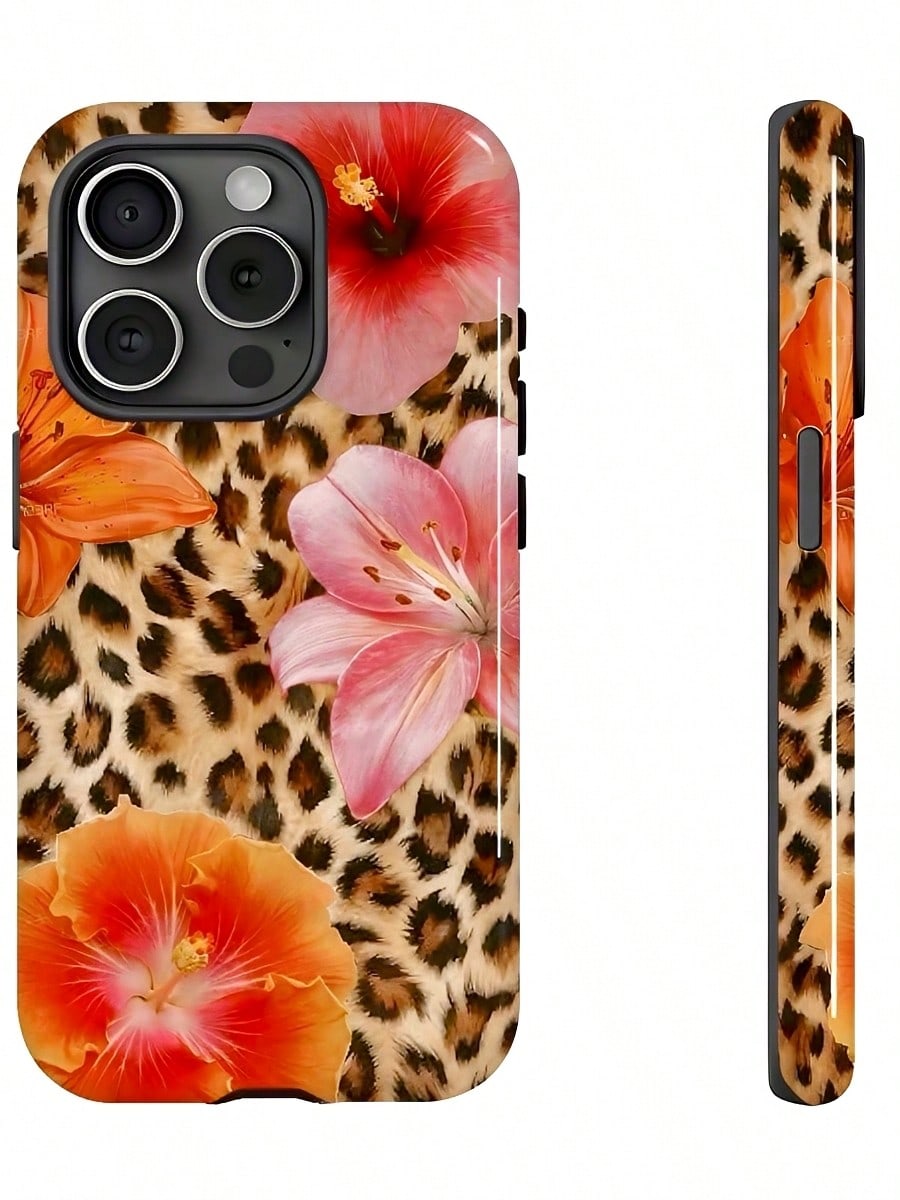 Leopard Print With Chinese Hibiscus Flowers Two-In-One Matte Texture Phone Case Suitable For Compatible With Iphone17,16, 15, 14, 13, 12, 11, PRO MAX,PLUS,AIR,X,XS,As Well As, Galaxy S21/22/23/24/25