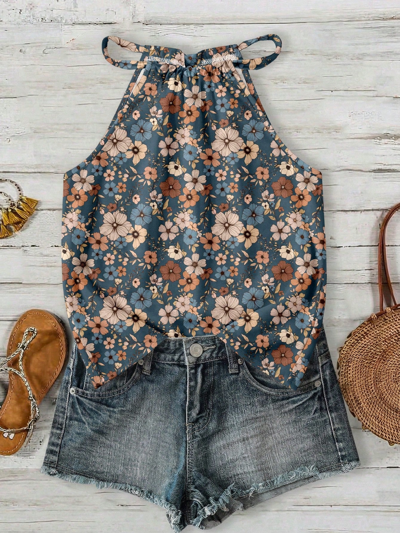 LUNE Casual Minimalist Plus Size Women Floral Pattern Halter Neck Tank Top, Suitable For Summer