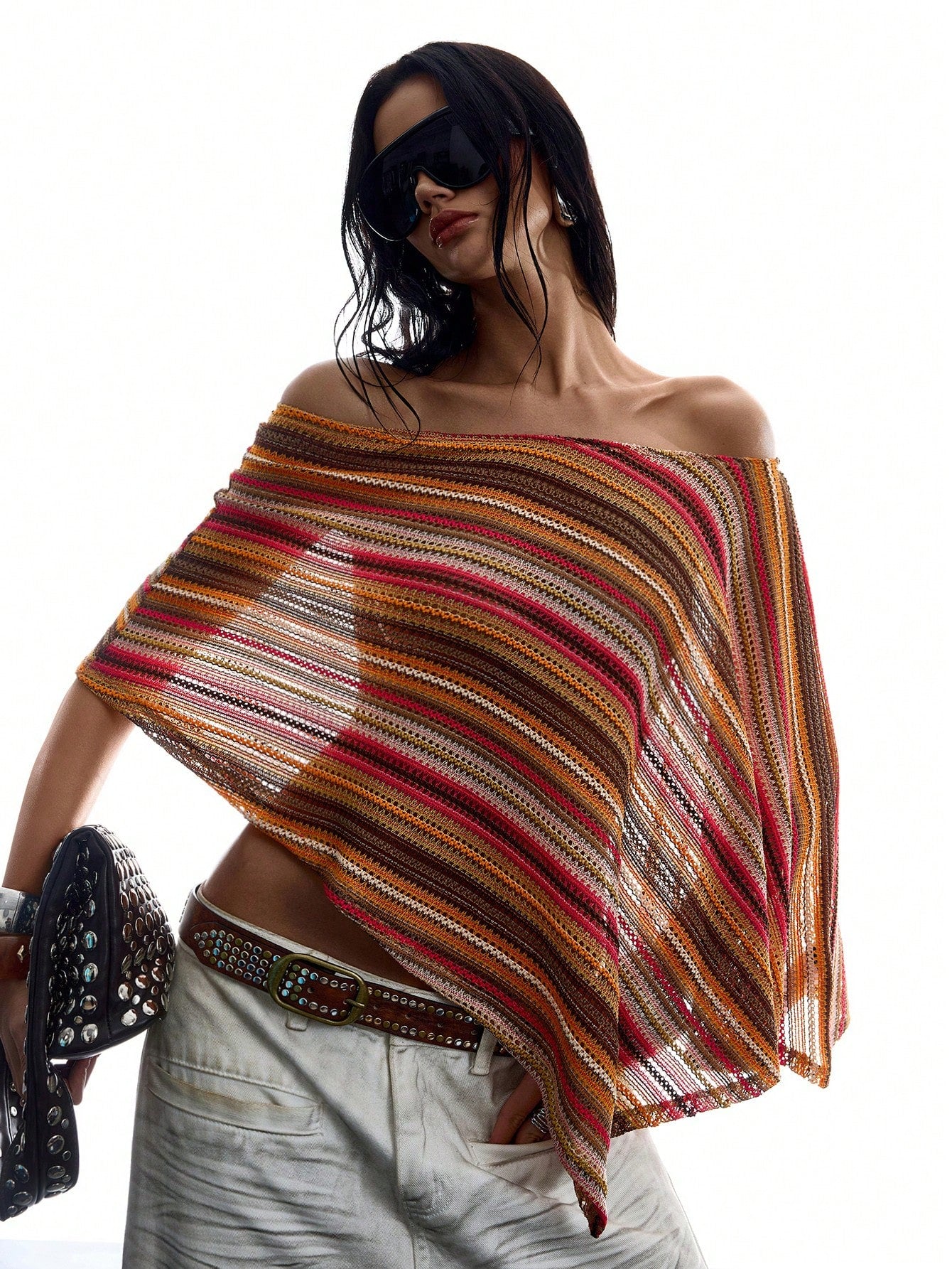 LYSMO Women's Off-Shoulder Loose Striped Vintage Hollow-Out Blouse, Fashionable For Summer