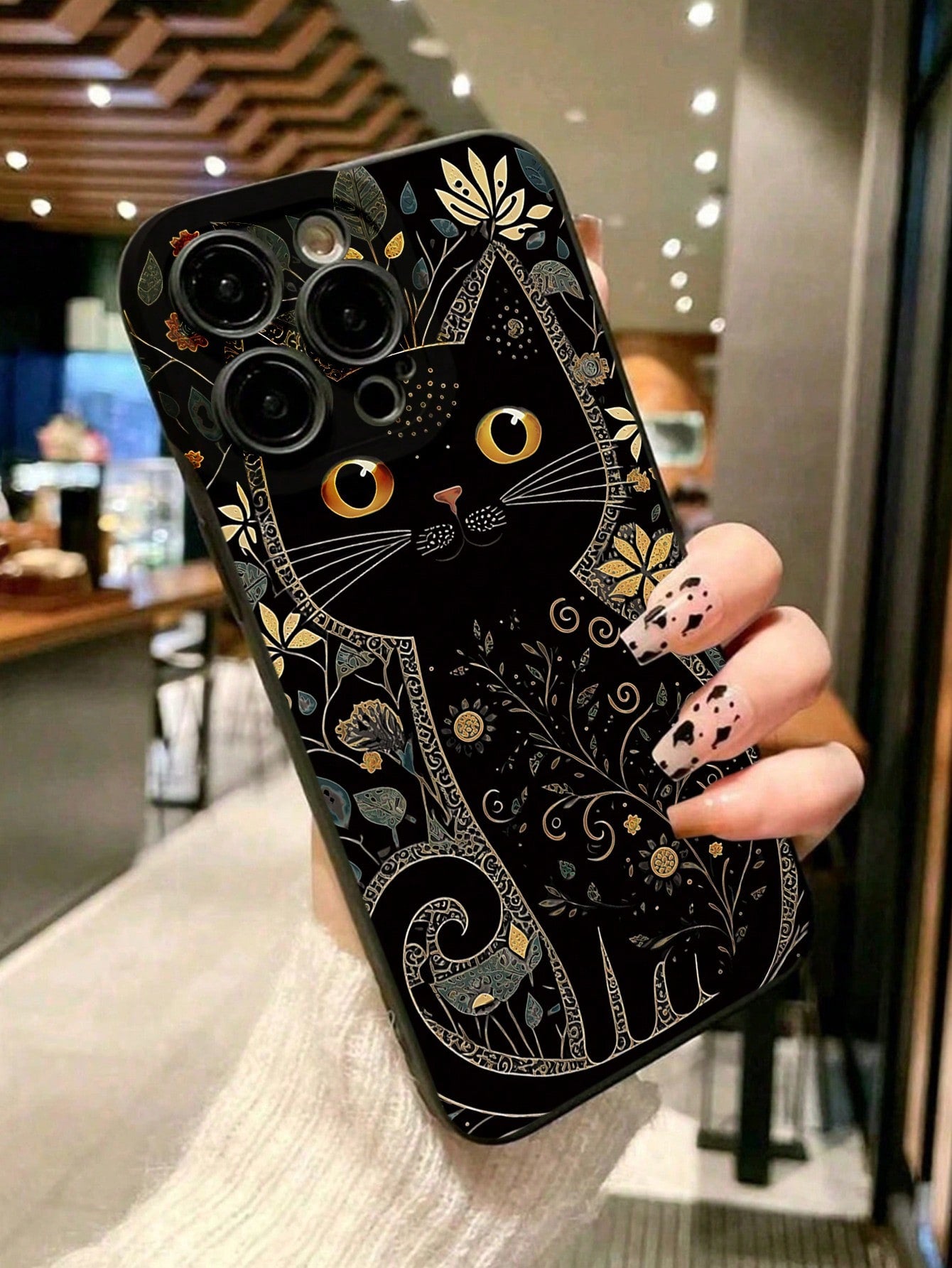 Minimalist Black TPU Cat Elements Fashion Phone Case 1pc Artistic Gold And Grey Floral Minimalist Cat Eye Skin-Friendly Anti-Drop TPU Phone Case Compatible With IPhone 17 Pro Max, 11, 16 Pro Max, 16 P