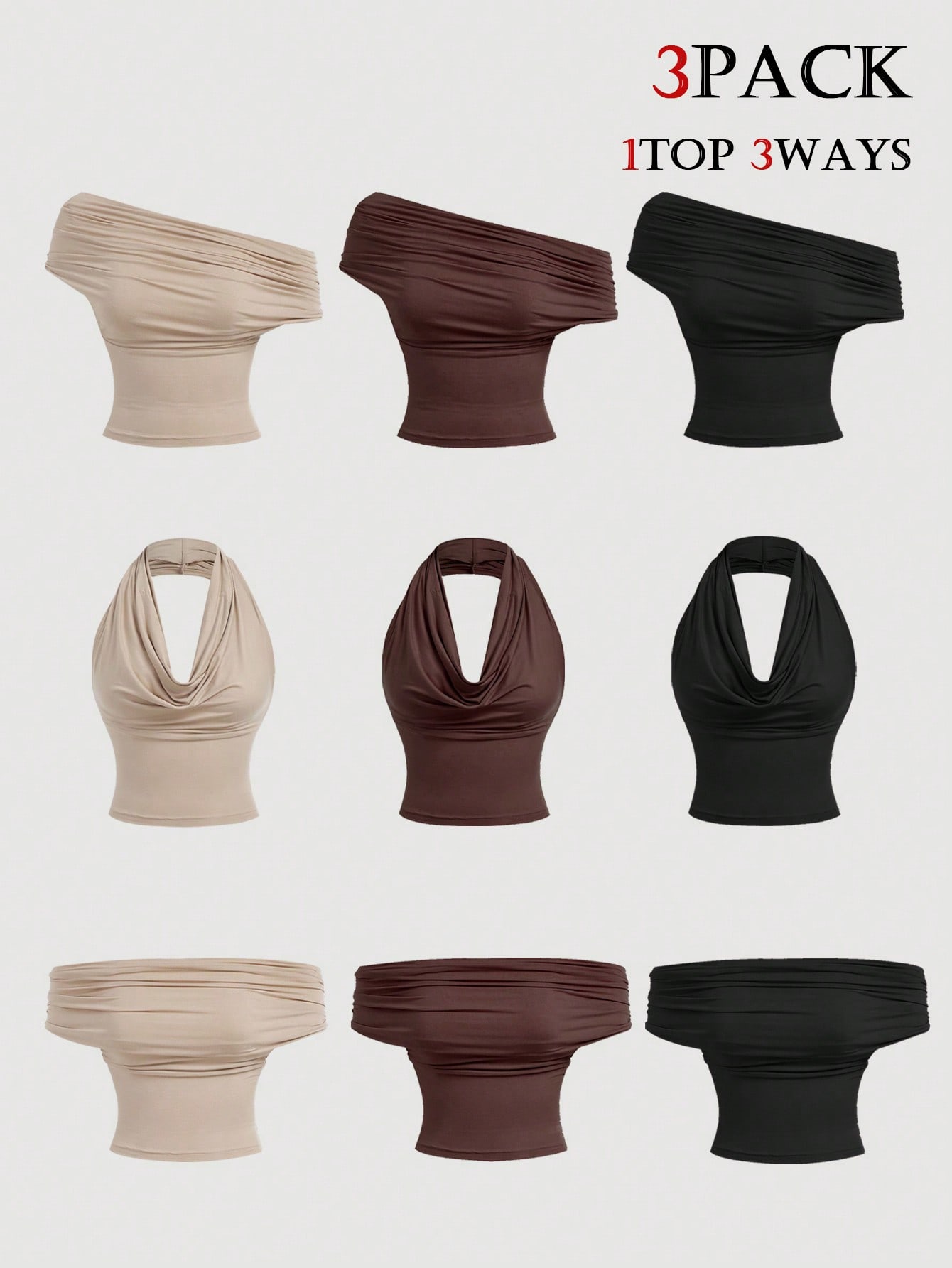 MOD 3-Way Wear Women's Casual Sexy Solid Color Slim Fit Top For Summer Night Club Beige Dark Brown Black