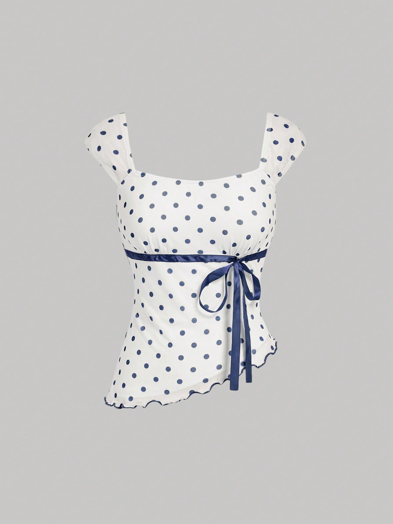 MOD Asymmetric Bow Ruched Mesh Polka Dot Top