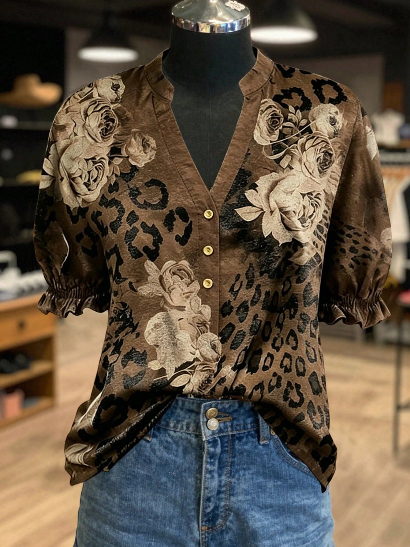 NostaNoir Women's Vintage Leopard & Floral Print Short Sleeve Shirt, Summer