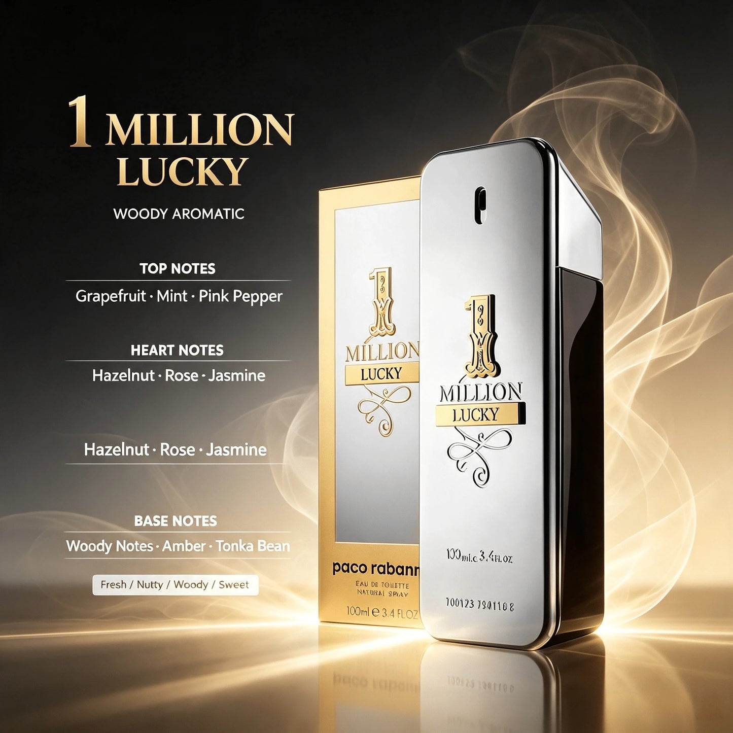 Paco Rabanne Rabanne 1 Million Lucky Men's Perfume, 100ml Wood Tone, Top Note Plum, Grapefruit, Fragrant Lemon, Fresh Fruit Fragrance, Warm, Soft, Deep And Lasting. Suitable For Daily Or Formal Occasi