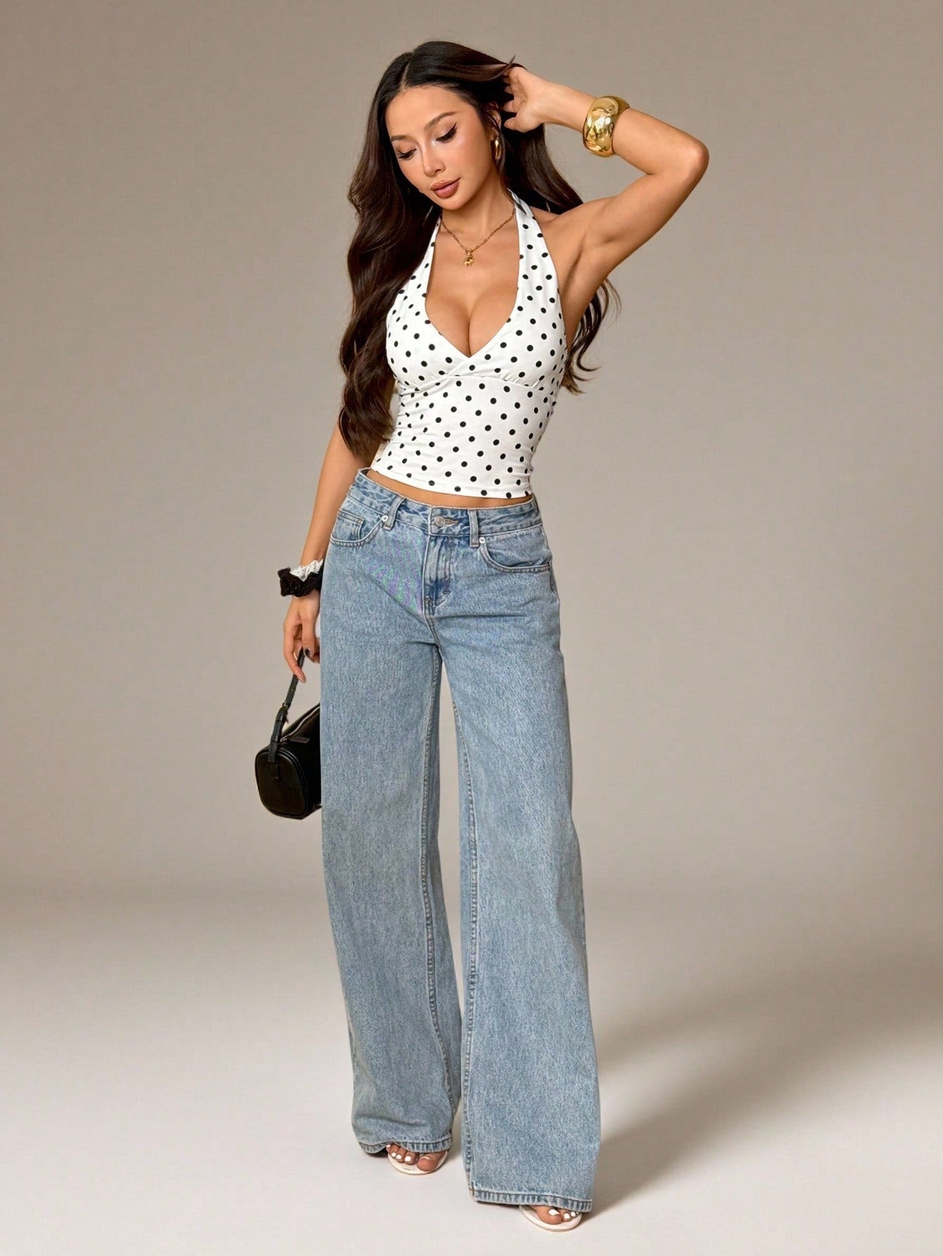 PETITE Summer White And Black Polka Dot Polka Dot Print Casual Sexy Halter Neck Top, Suitable For Brunch Night Out Vacation Club, Outing, Date, Commute