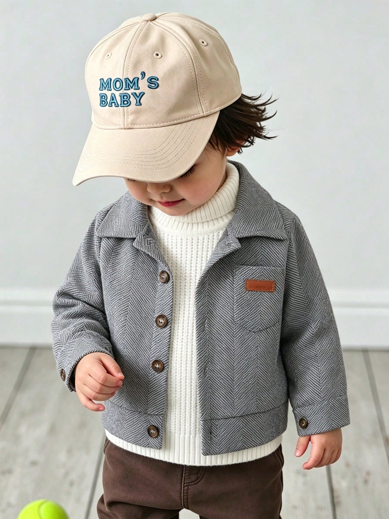 Playful Pals Baby Boy Letter Leather Patch Patch Pocket Lapel Long Sleeve Jacquard Wool Shirt Jacket, School, Casual, Vacation, Sports, Daily, Autumn/Winter, 6M-3T, Children's Clothing, Toddler