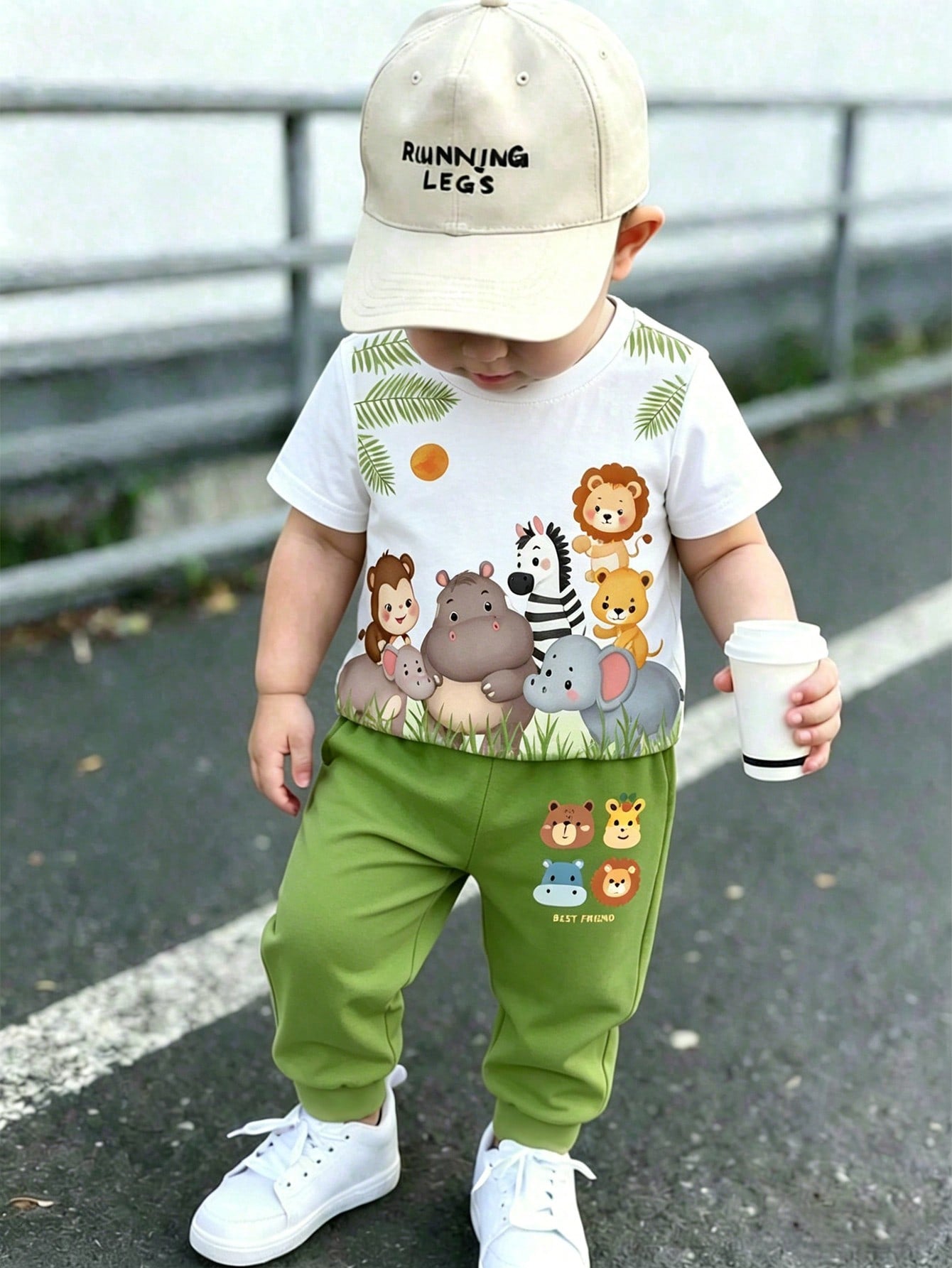 Playful Pals Baby Boys Cute Animal Zoo Monkey Hippo Elephant Zebra Lion Round Neck T-Shirt & Shorts Set,Shades Of Green,Summer,Casual,Beach Vacation Outdoor Wear