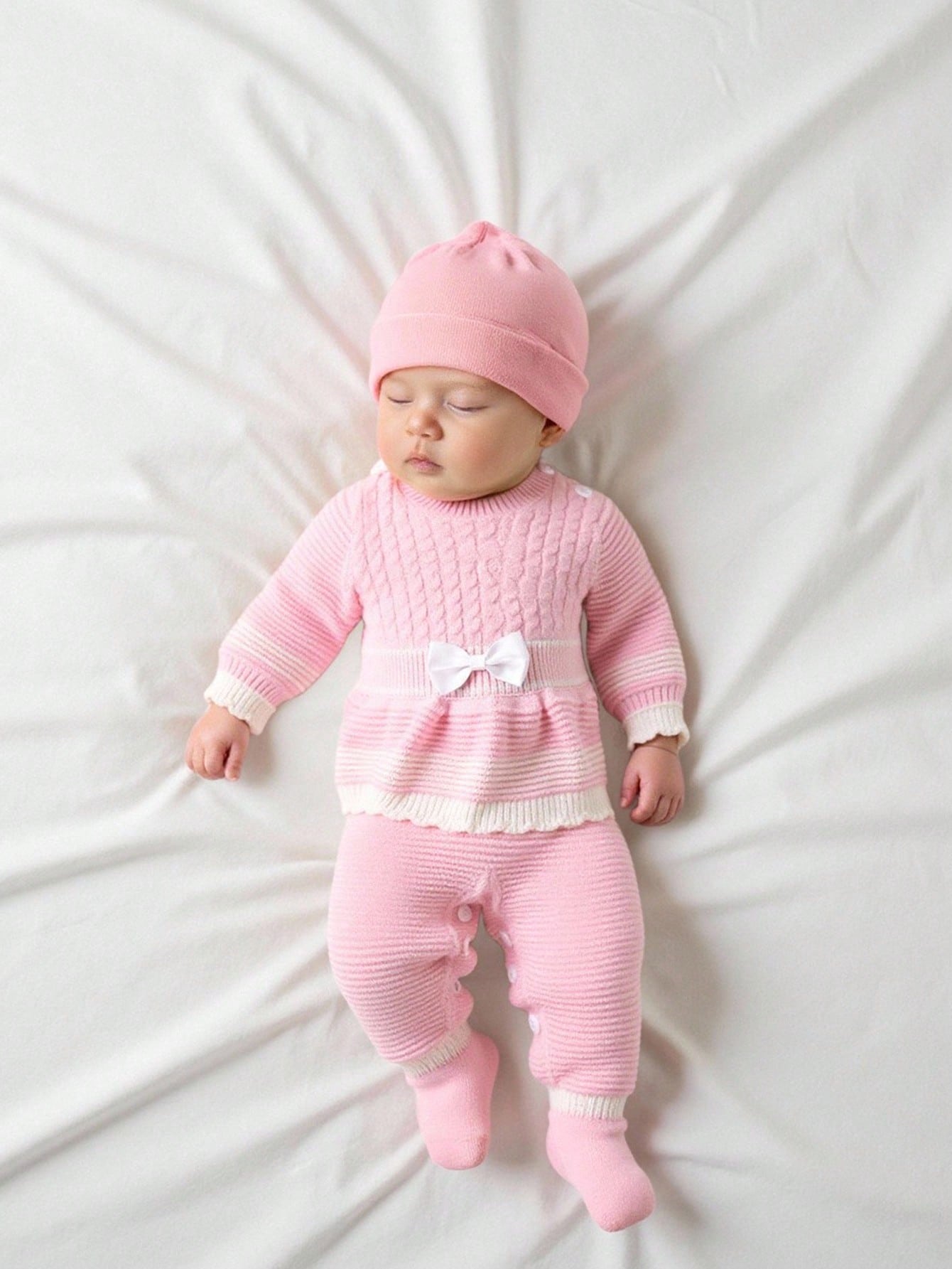Playful Pals Baby Girls Knitted Jumpsuit,Pink And White Striped,Autumn,Cute,Matching Family Long Sleeve Bow Ruffle Decor Soft Romper For Daily Outdoor Fall Winter