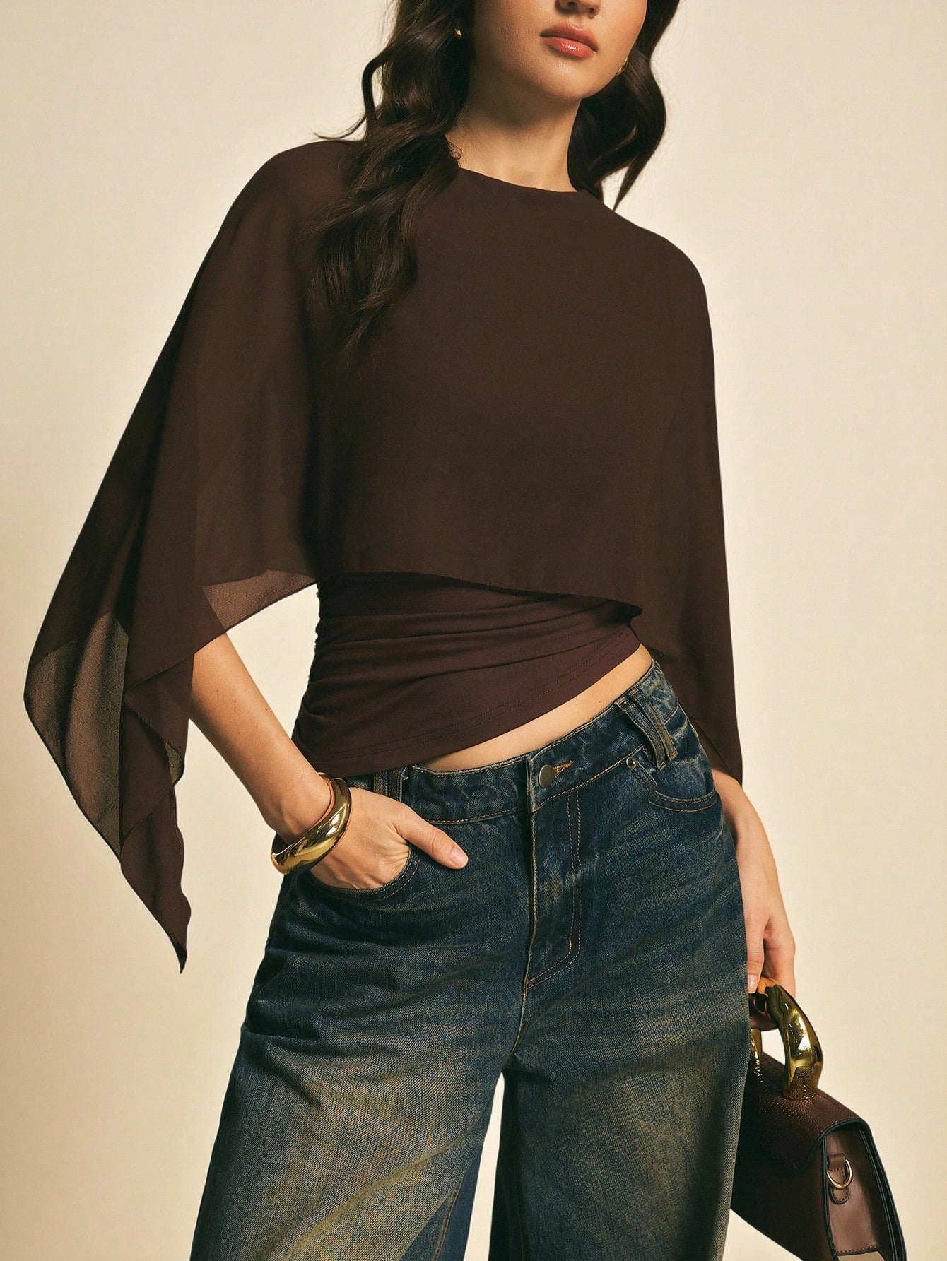 Poéselle Women's Brown Elegant Elegant Batwing Sleeve Top,Summer Dining,Shawl Collar Casual Top For New Year's,Daily Wear,Commuting Brunch