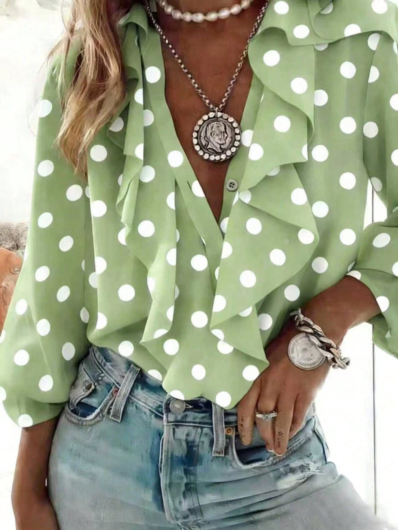 Polka Dot French Romantic Women's Patchwork Ruffle Hem Elegant Blouse Vacation Spring
