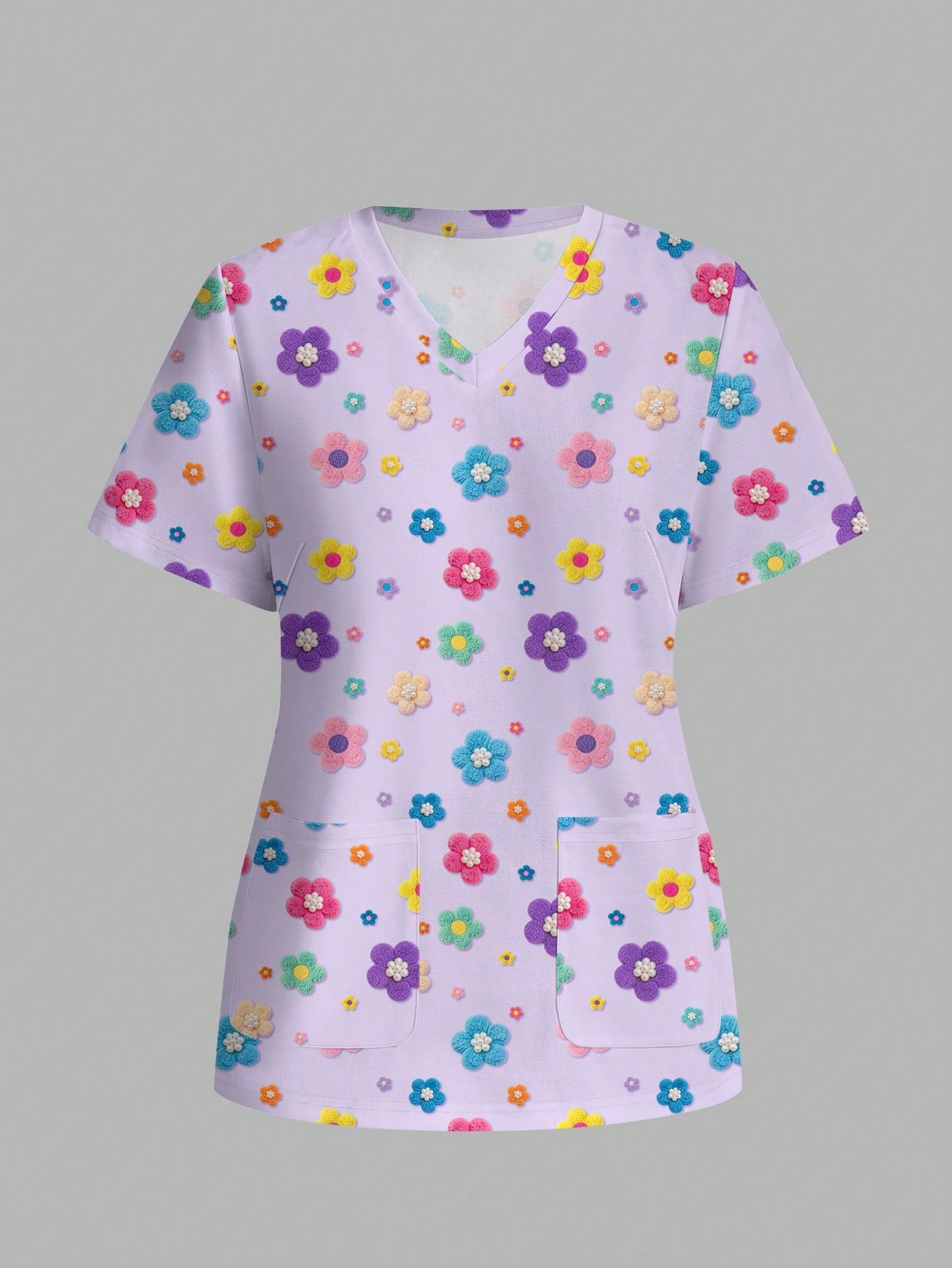 PopScrub Fun Floral Print Purple Casual Minimalist Scrub Uniform Top