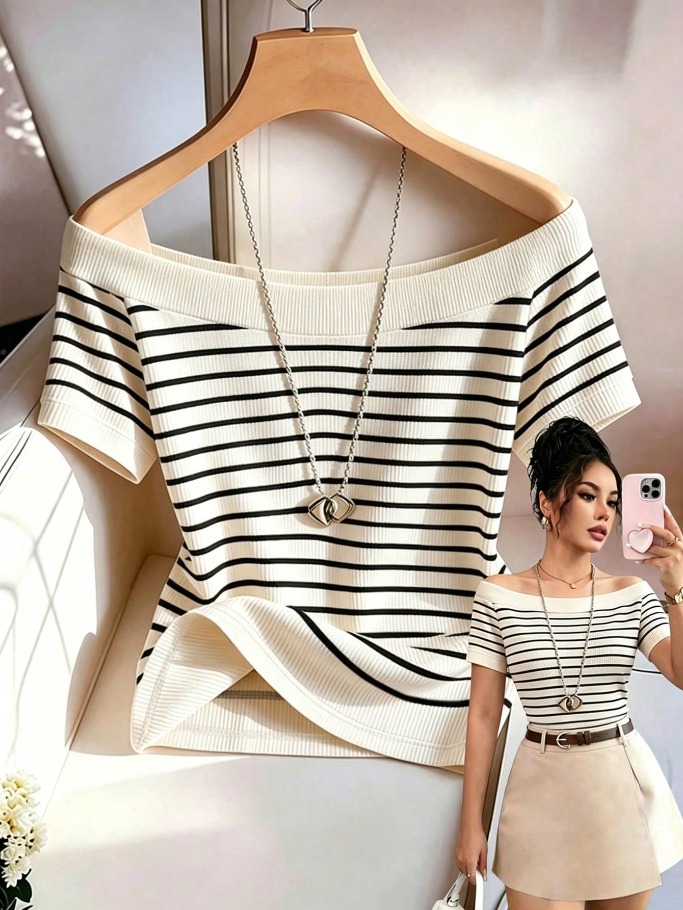 Rafferiza Elegant Fashionable Off-Shoulder Striped Print Slim Fit Commuter Daily Versatile Business Professional Travel Date Single Party Women's T-Shirt
