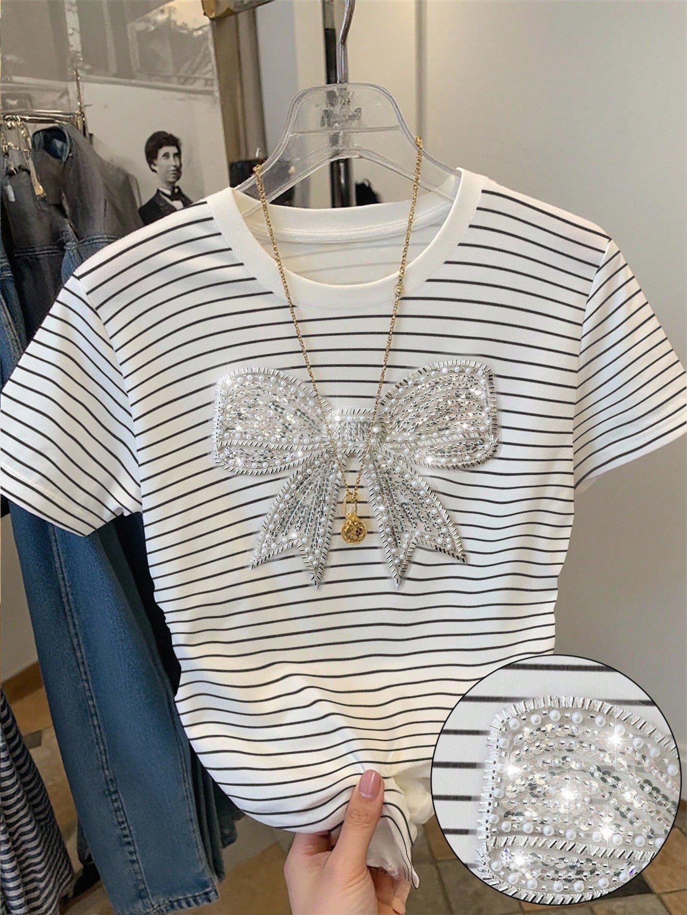 Resyla Striped Digital Print Shiny Butterfly Beaded Casual Drawstring Waist T-Shirt, A Gift For Friends