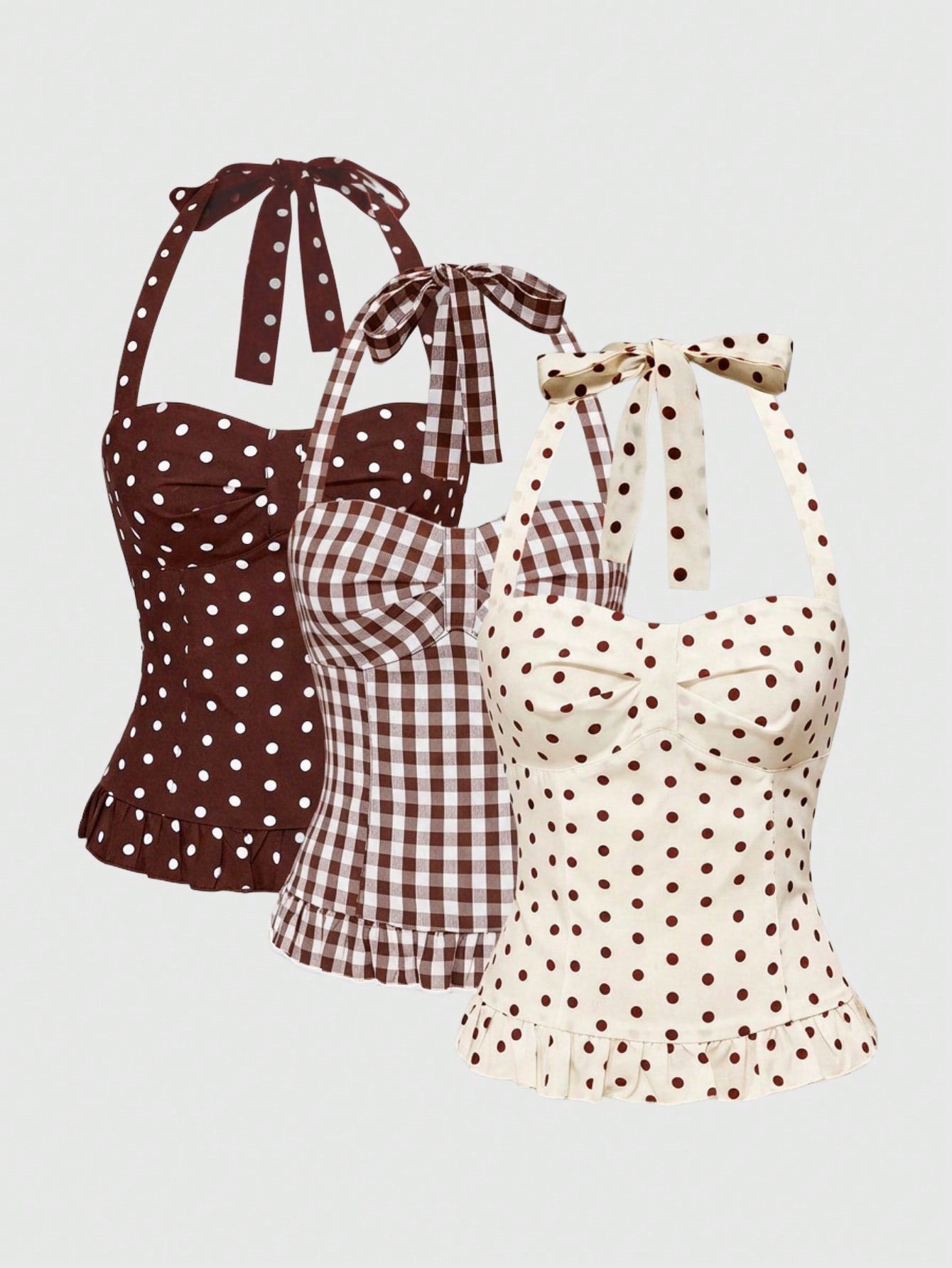 ROMWE Avant Women's Romantic Vacation Style Polka Dot & Plaid Backless Halter Neck Camisole Set