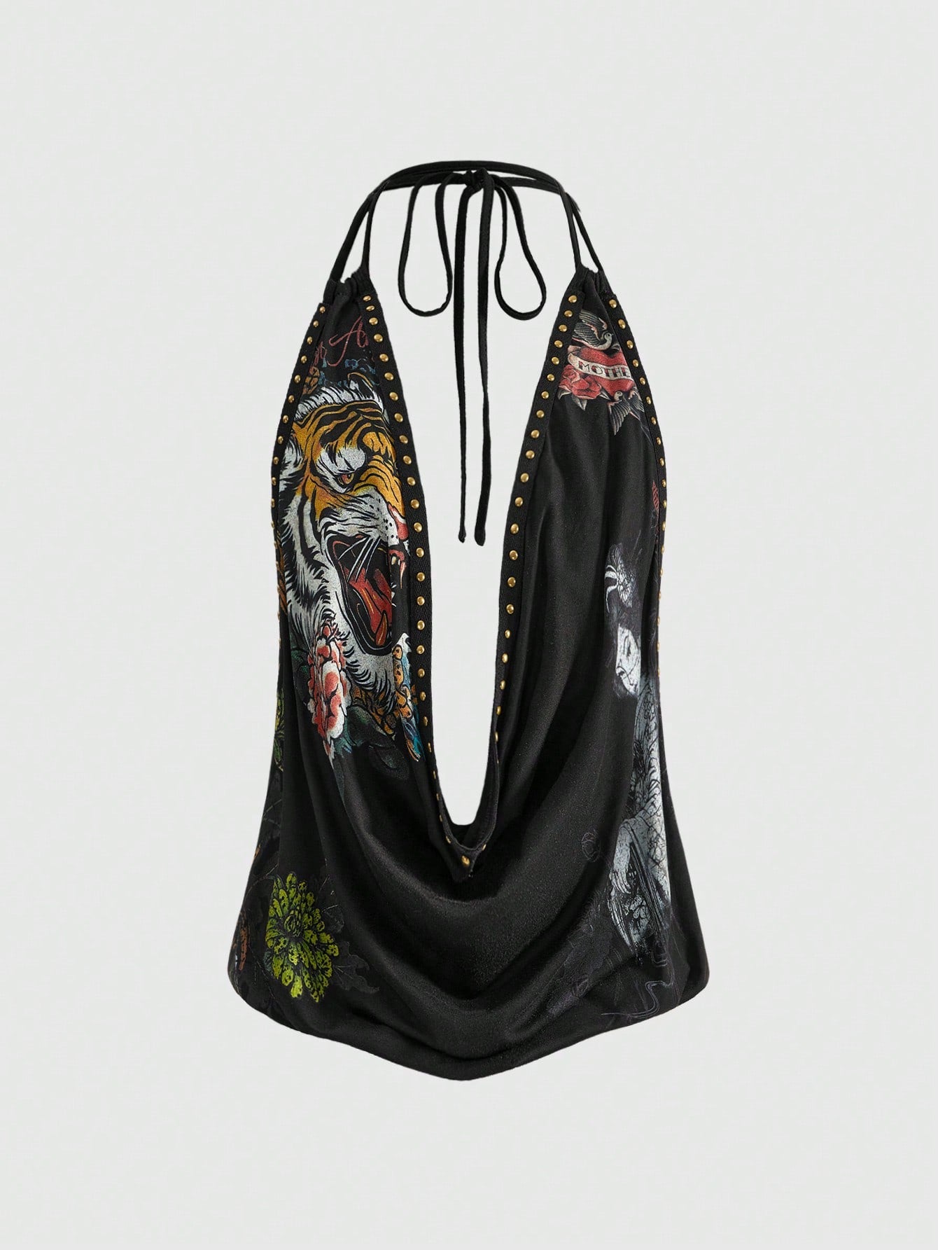 ROMWE Grunge Punk Y2K Vintage Rivet Retro Tiger Head & Geisha Print Rhinestone Sexy Deep Draped Neck Camisole For Women