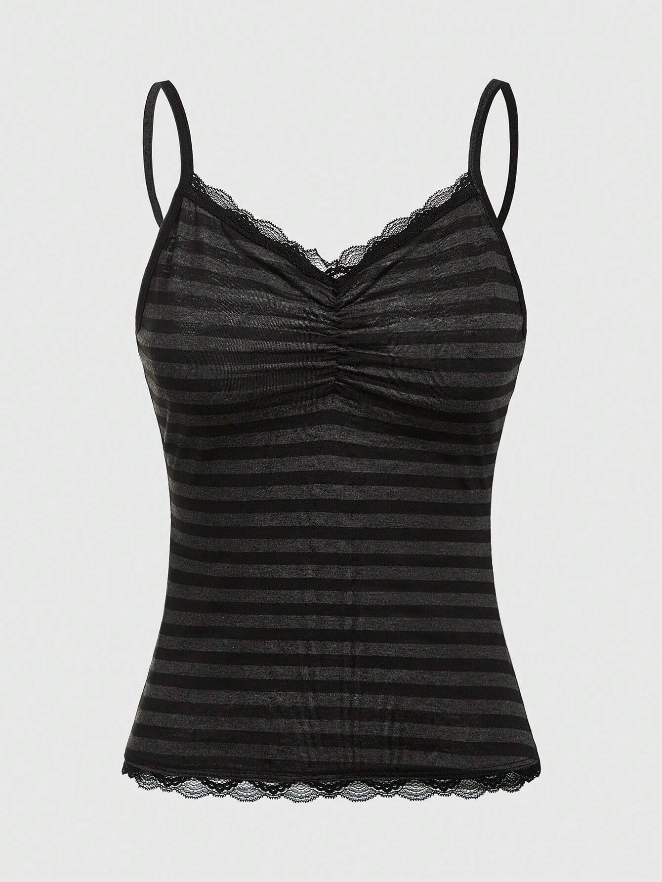 ROMWE Summer Casual Versatile Black & Gray Striped Lace Trim Camisole