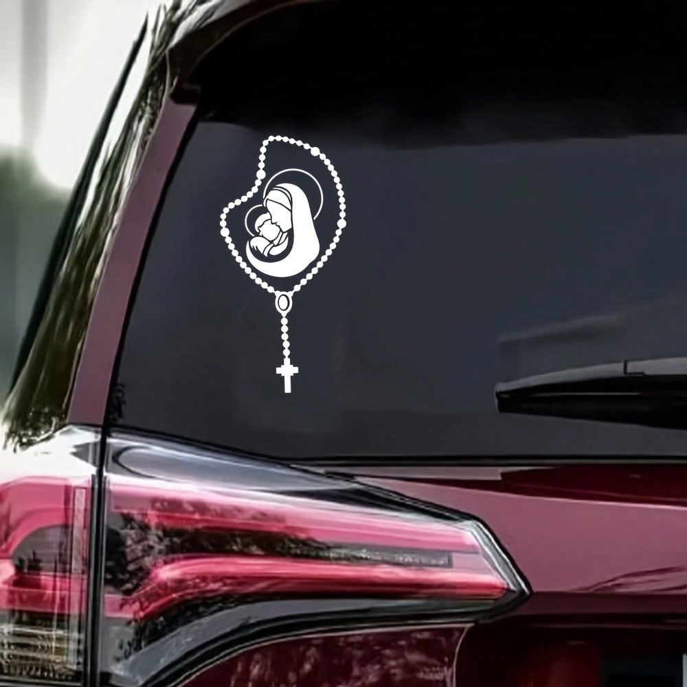 Rosary Car Sticker- Self-Adhesive High-Quality Sticker With "Hail Mary" Prayer Pattern, Matte Black/White, Catholic Style