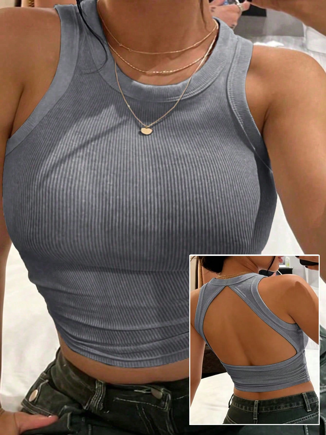 Rovax Women's Summer Casual Daily Commute Minimalist Versatile Solid Color Ribbed Knit Backless Slim Fit Cropped Tank Top