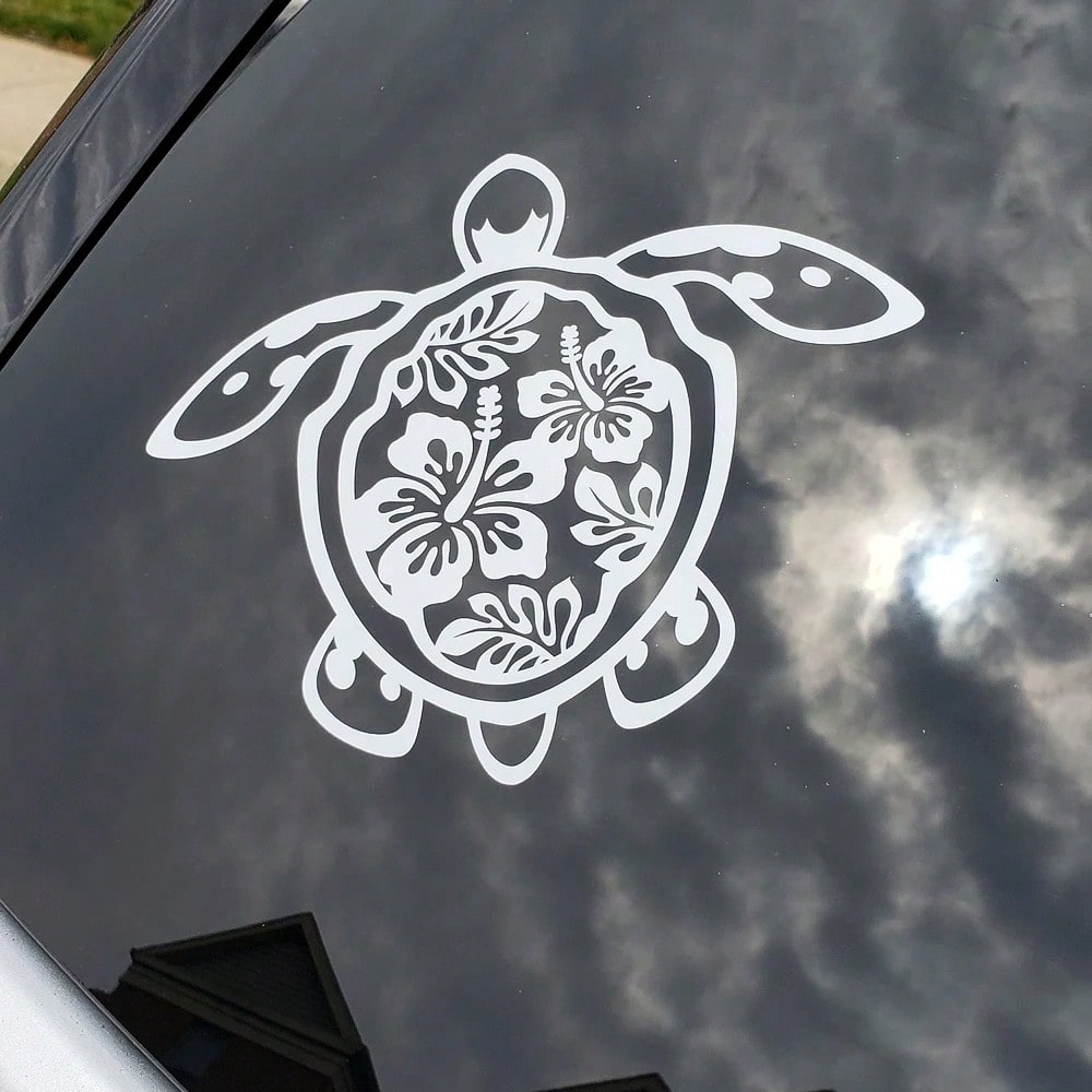 Sea Turtle Hibiscus Flower Car Sticker, Vinyl Die-Cut Floral Turtle Decal For Car Truck Window Laptop, Cute Car Decor Accessories