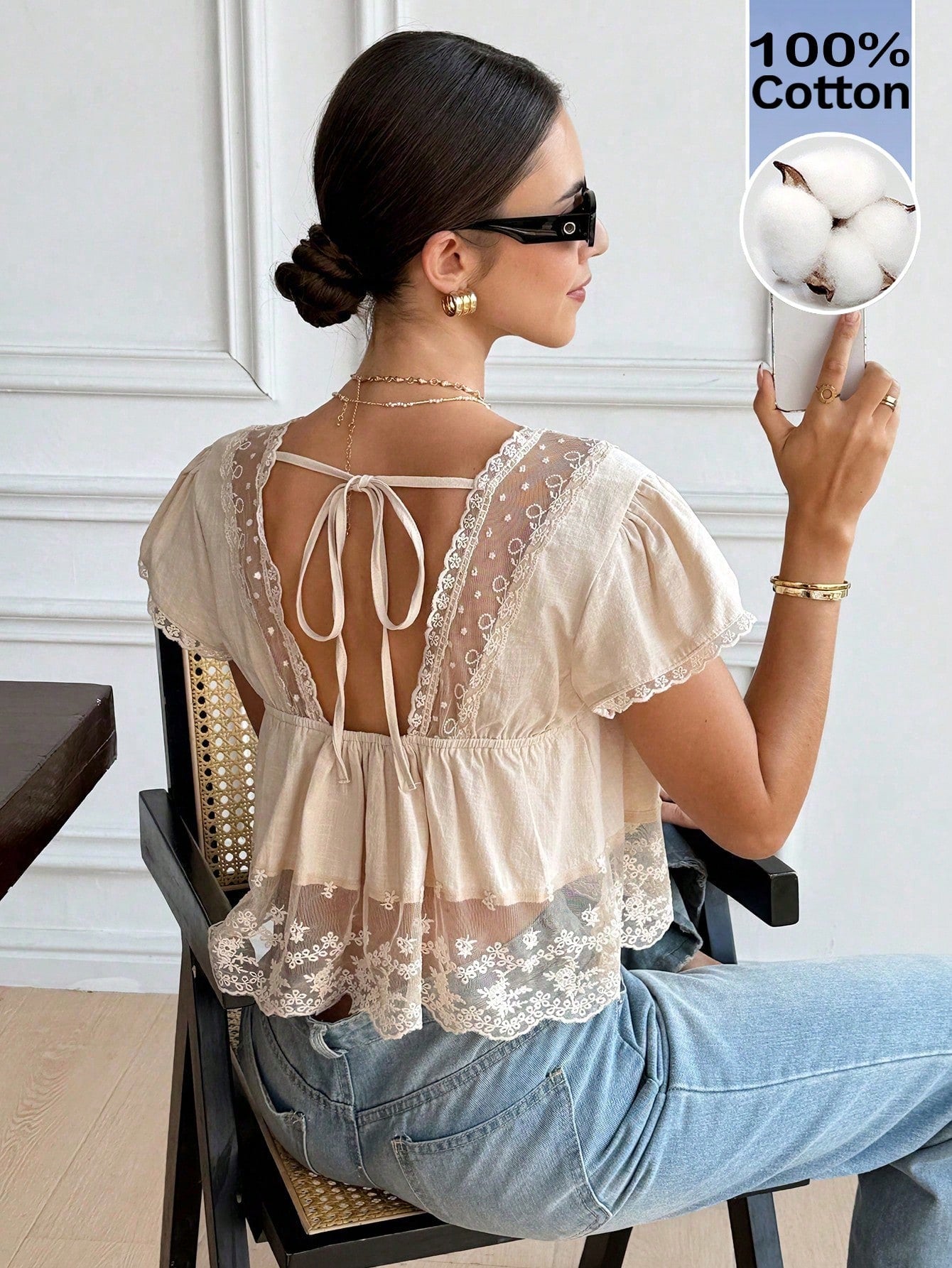Serisse Women's Apricot 100% Cotton Lace Patchwork Blouse,Elegant V-Neck Twist Backless Tie Babydoll Top,French Niche Puff Sleeve Summer Top For Date Night