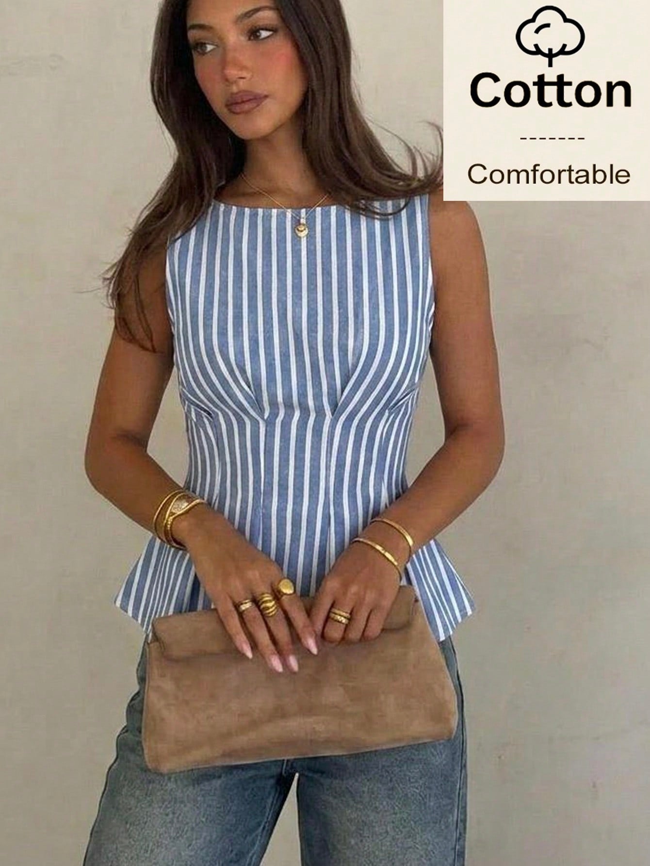 Siren Gaze Women's Cotton Blue And White Stripe Tank Top, Elegant Coastal Tropical Summer Peplum Blouse, Asymmetrical Waist Cinching Sleeveless Shirt, Vacation