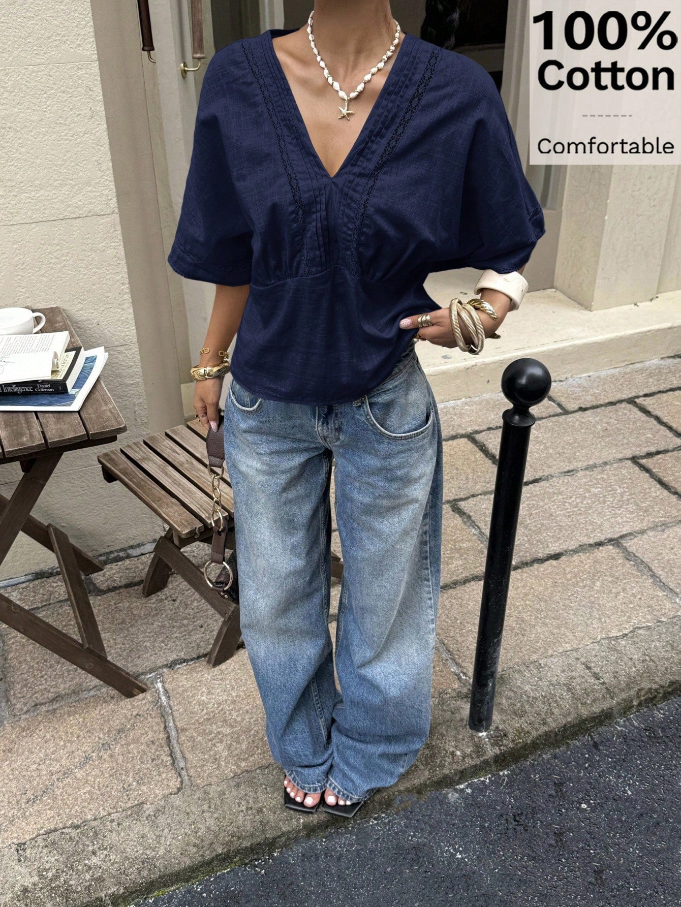 Siren Gaze Women's Striped Lace Trim Linen Blend Blouse Summer Casual Blue Elegant