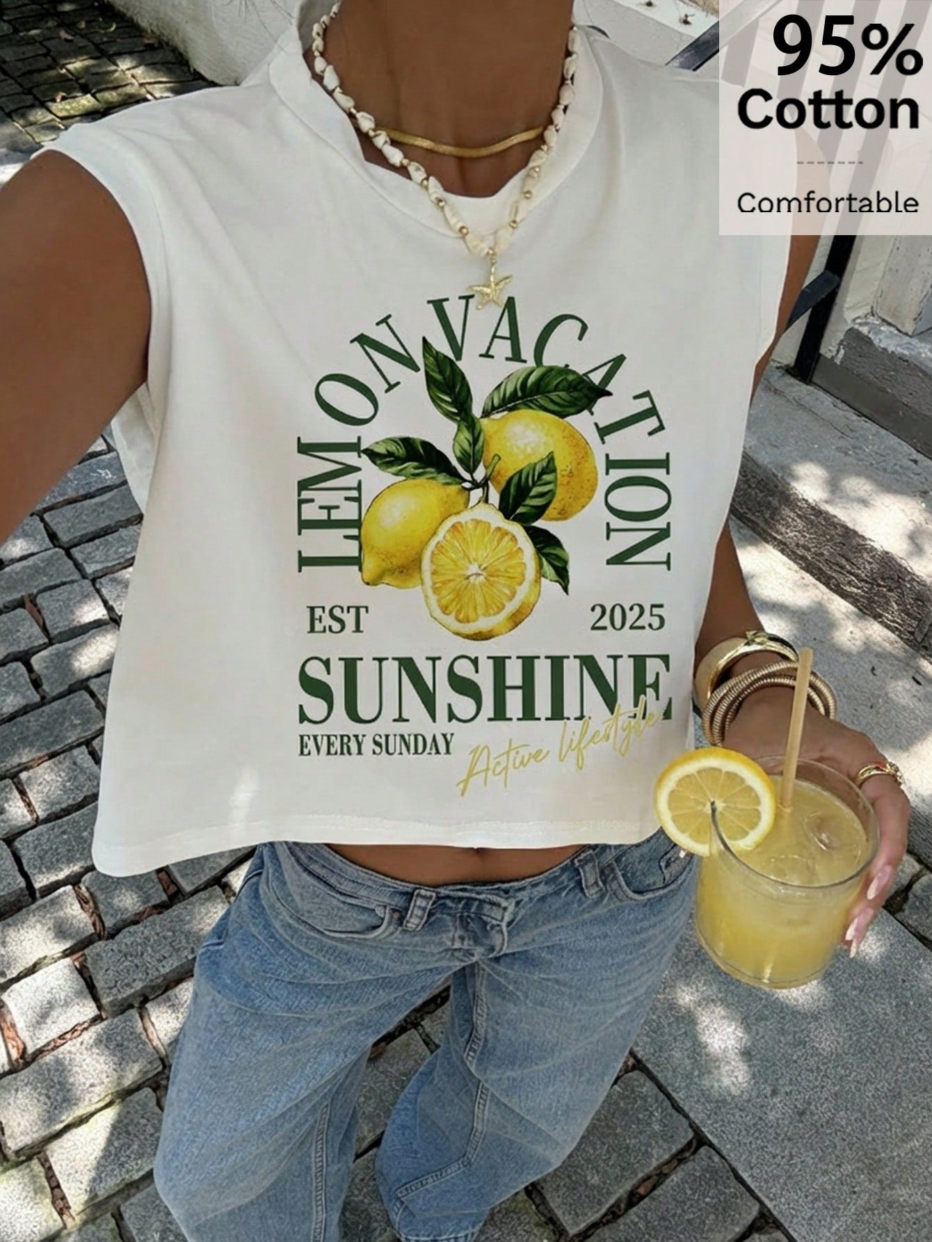 Siren Gaze Women's White 92% Cotton Lemon Vacation Print Tank Top,Summer Casual Holiday Tee For Island&Beach Trips,Retro Y2K Streetwear,Rave Wear&Daily Outfits