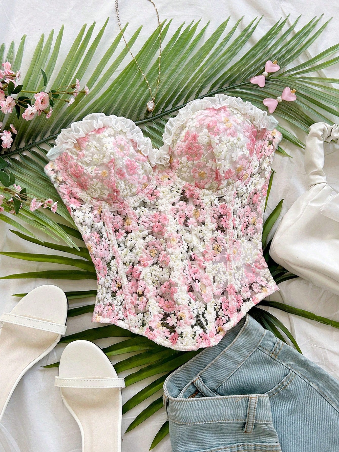 Soleia Cute White And Pink Daisy Embroidered Camisole Top,Summer Holiday Vacation, Textured Print Boho Hippie Western Top For Beach,Party,No Chest Padding