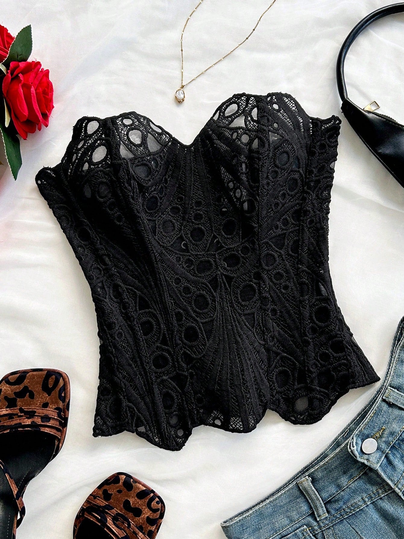 Soleia European & American Style Sexy Avant-Garde Lace Double-Layer Corset Bustier, Fishbone Contoured, Hollow Embroidered Top, Black