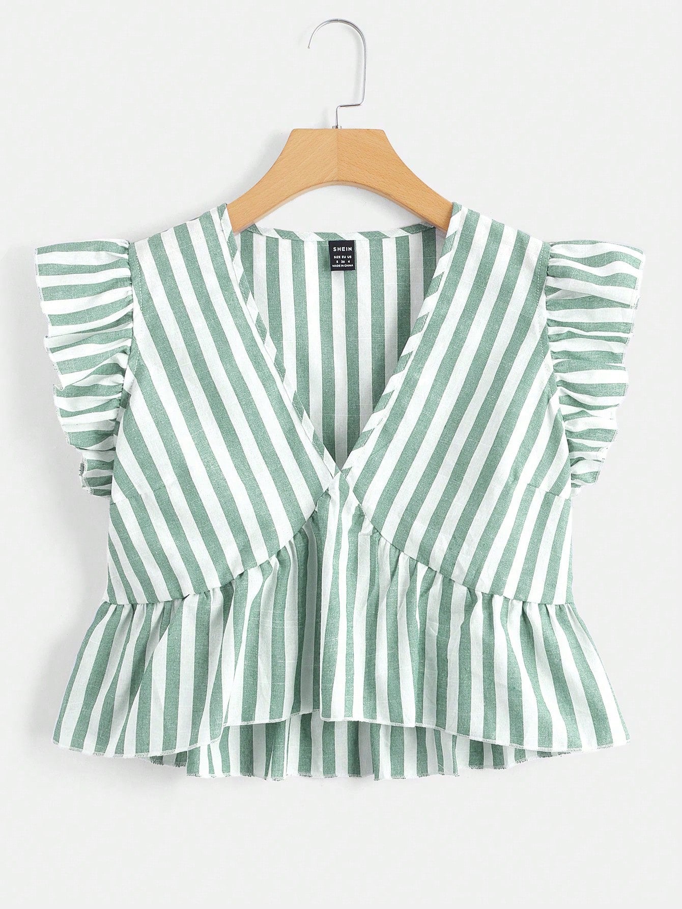 Soleia Striped V Neckline Shirt With Ruffle Hem