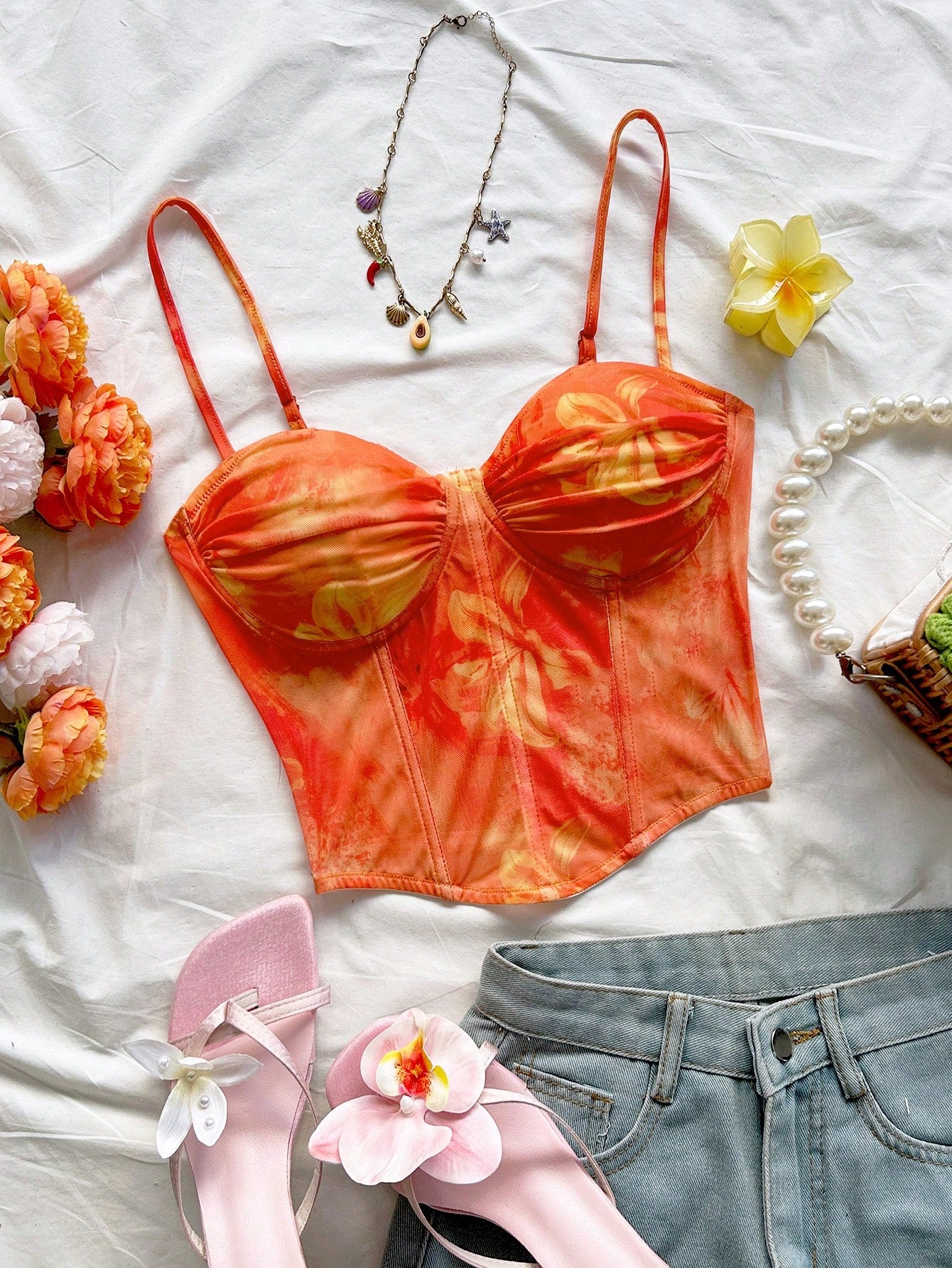 Soleia Vacation For Women Going Out Spring Break Vacation For Women Women's Floral Print Ruched Camisole Top, Vacation Style No Chest Padding