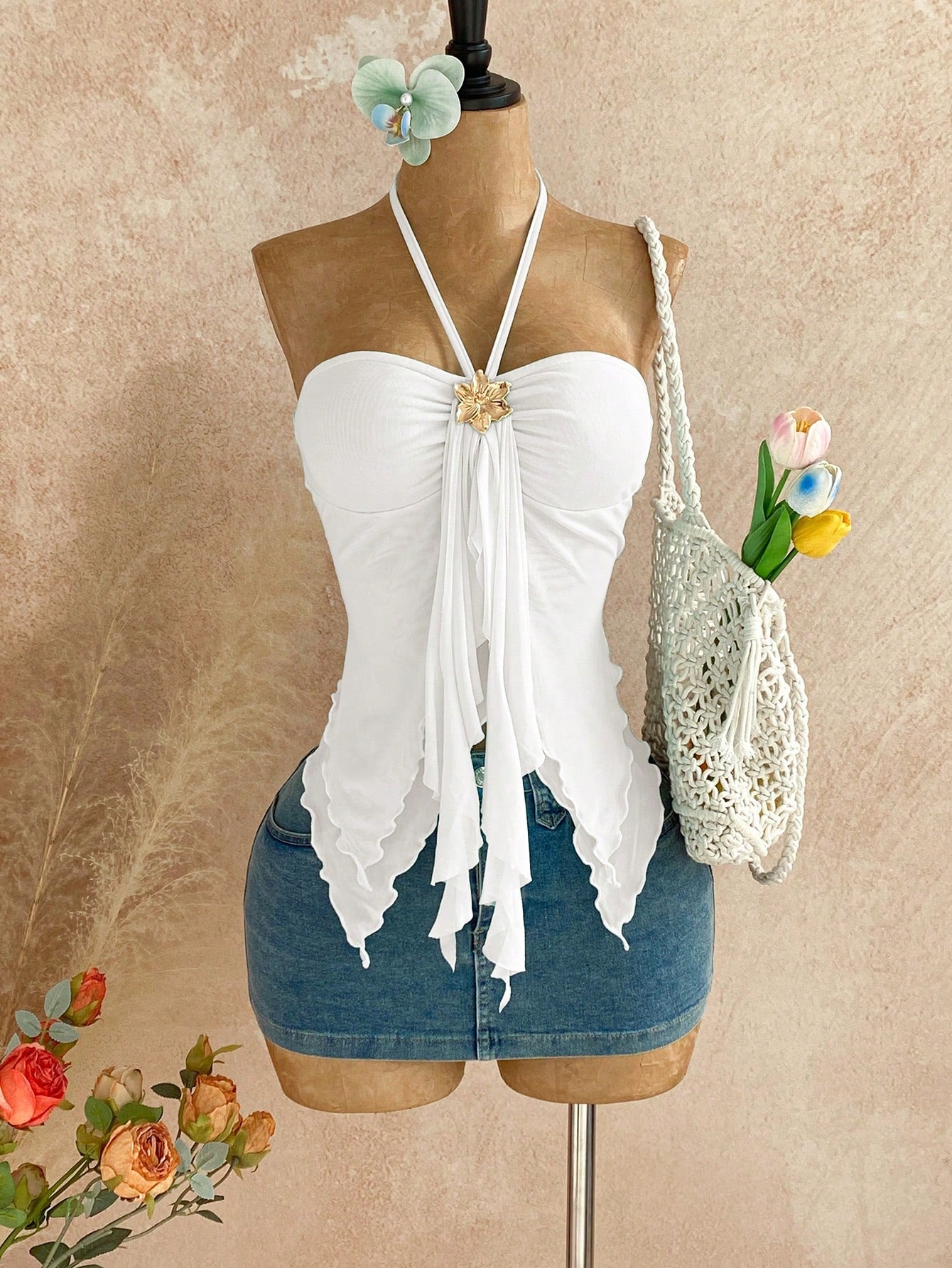 Soleia Women's White Halter Top,Seductive Asymmetrical Hem Sleeveless Tops With Seashell Decor,Elegant Summer Vacation,Beach Tops,No Breast Pads