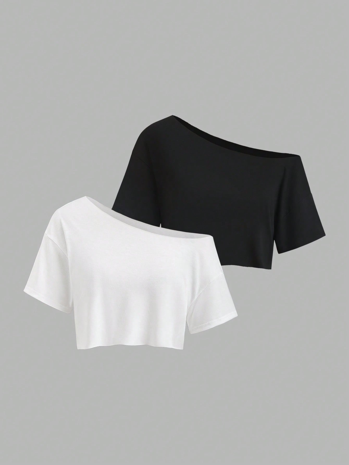 Sweetra 2pcs/Set New Summer Asymmetrical Shoulder Casual Loose Comfortable Commuting Fashionable Versatile Short Sleeve White And T-Shirts