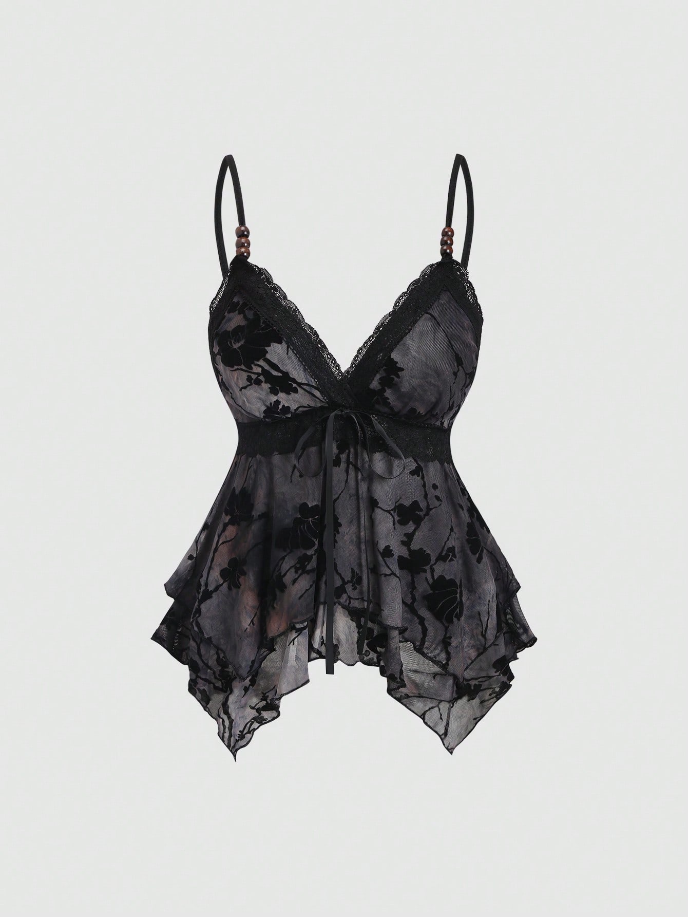Sweetra Women's Black Floral Summer Seductive Night Out Tank Top, Vintage Chic Lace Asymmetric Double-Layer Ruffle Hem, Spaghetti Strap V-Neck Ribbon Bow Top